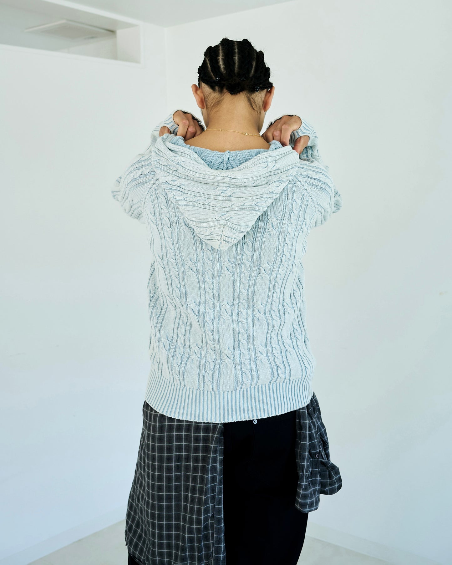 STONE WASH DOUBLE ZIP CABLE KNIT HOODIE