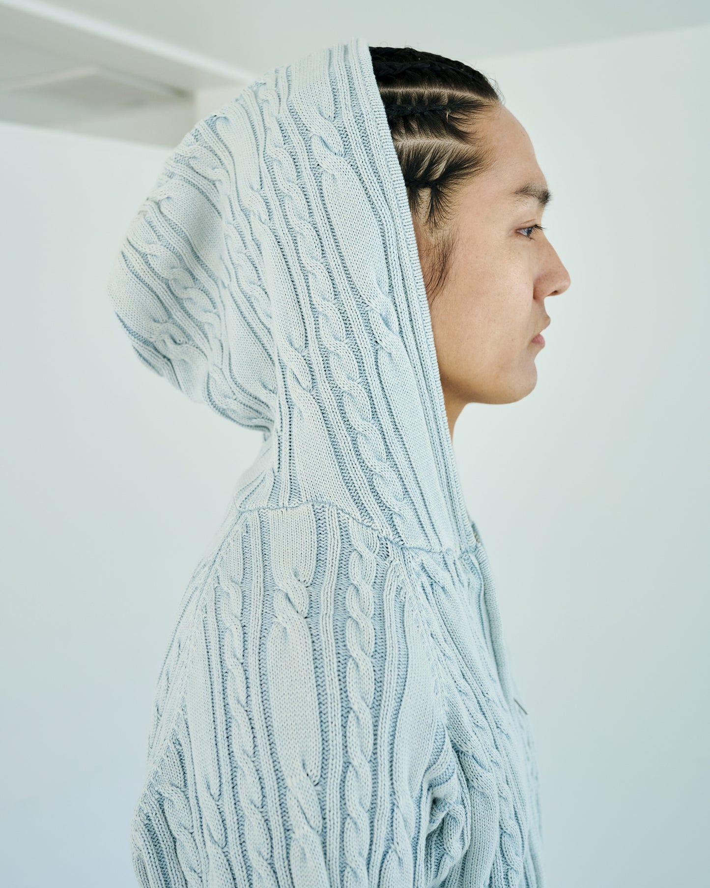 STONE WASH DOUBLE ZIP CABLE KNIT HOODIE