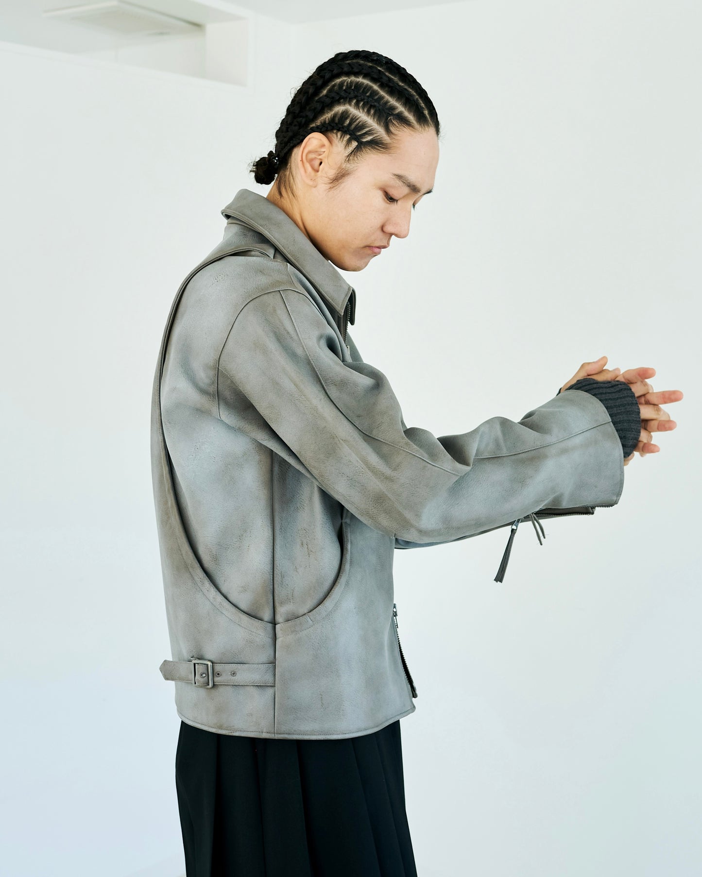 FADED SHORT LENGTH PU-LEATHER JACKET