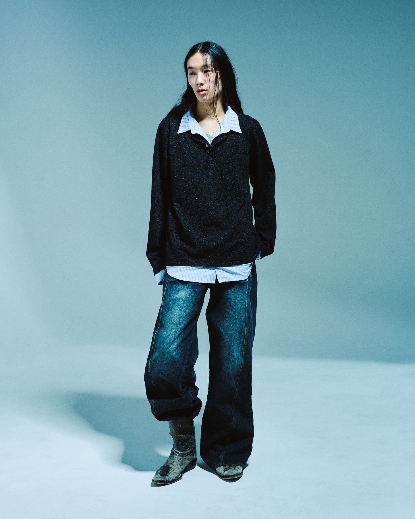 STRIPE SHIRT LAYERED LAME KNIT TOP