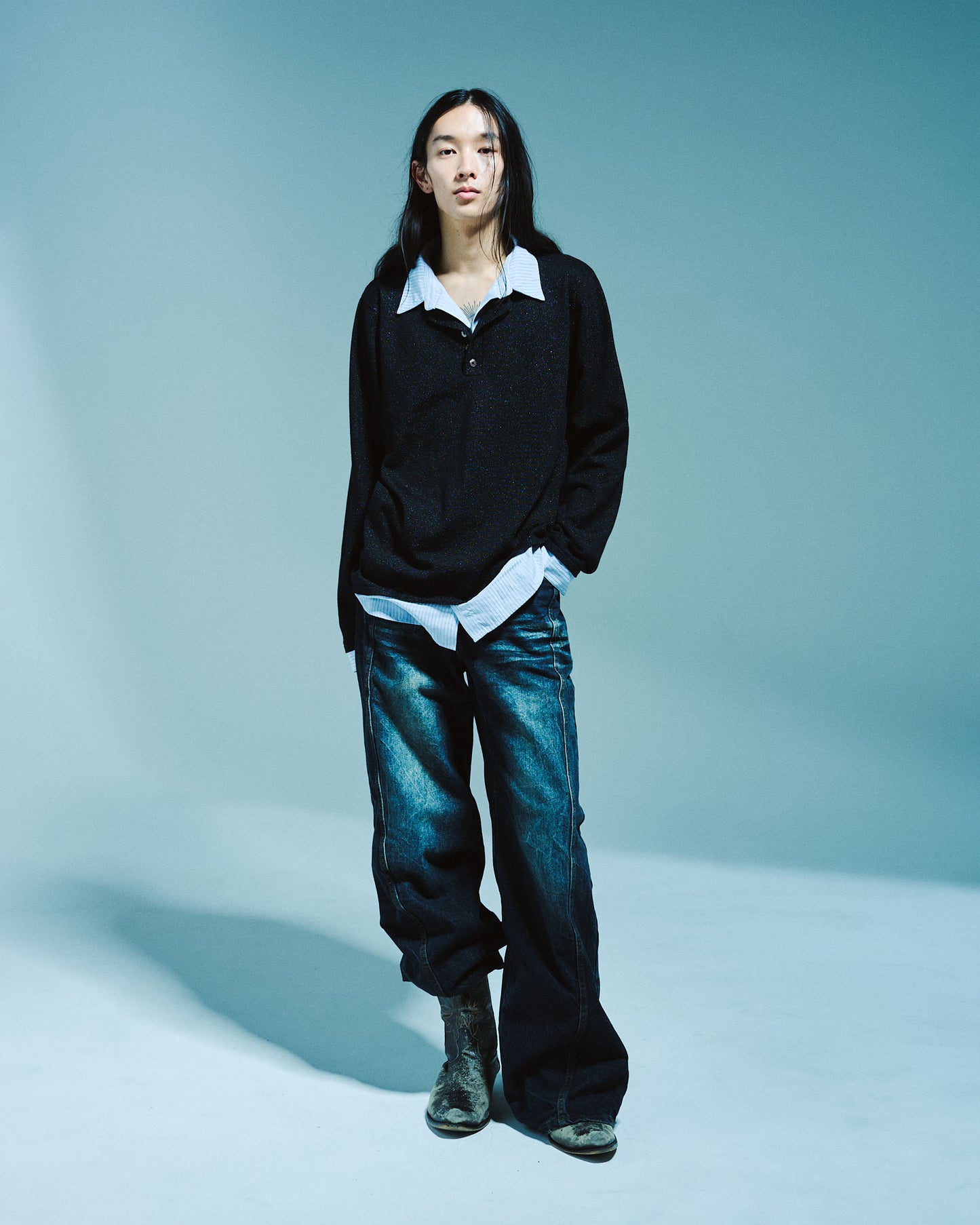 STRIPE SHIRT LAYERED LAME KNIT TOP