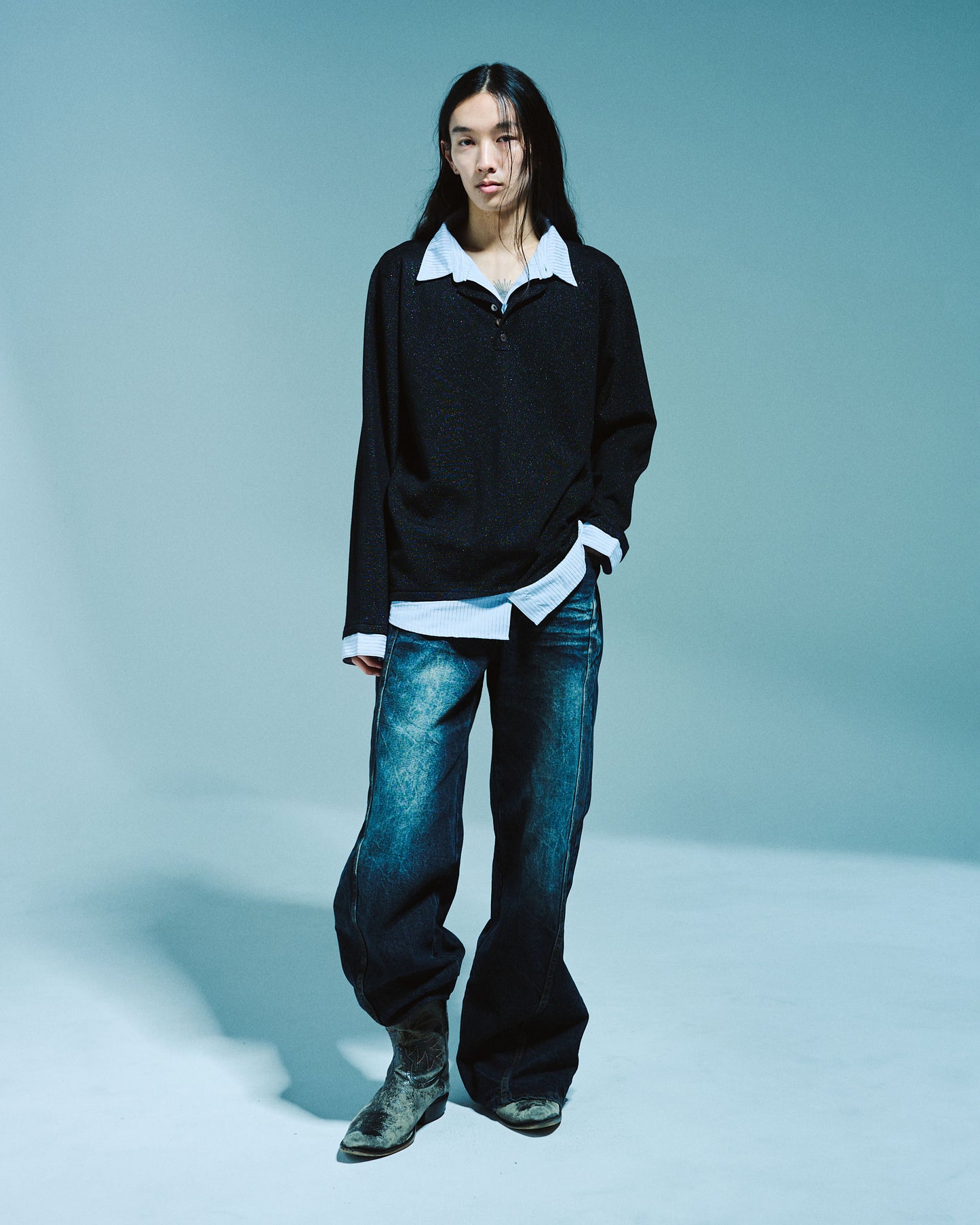 STRIPE SHIRT LAYERED LAME KNIT TOP