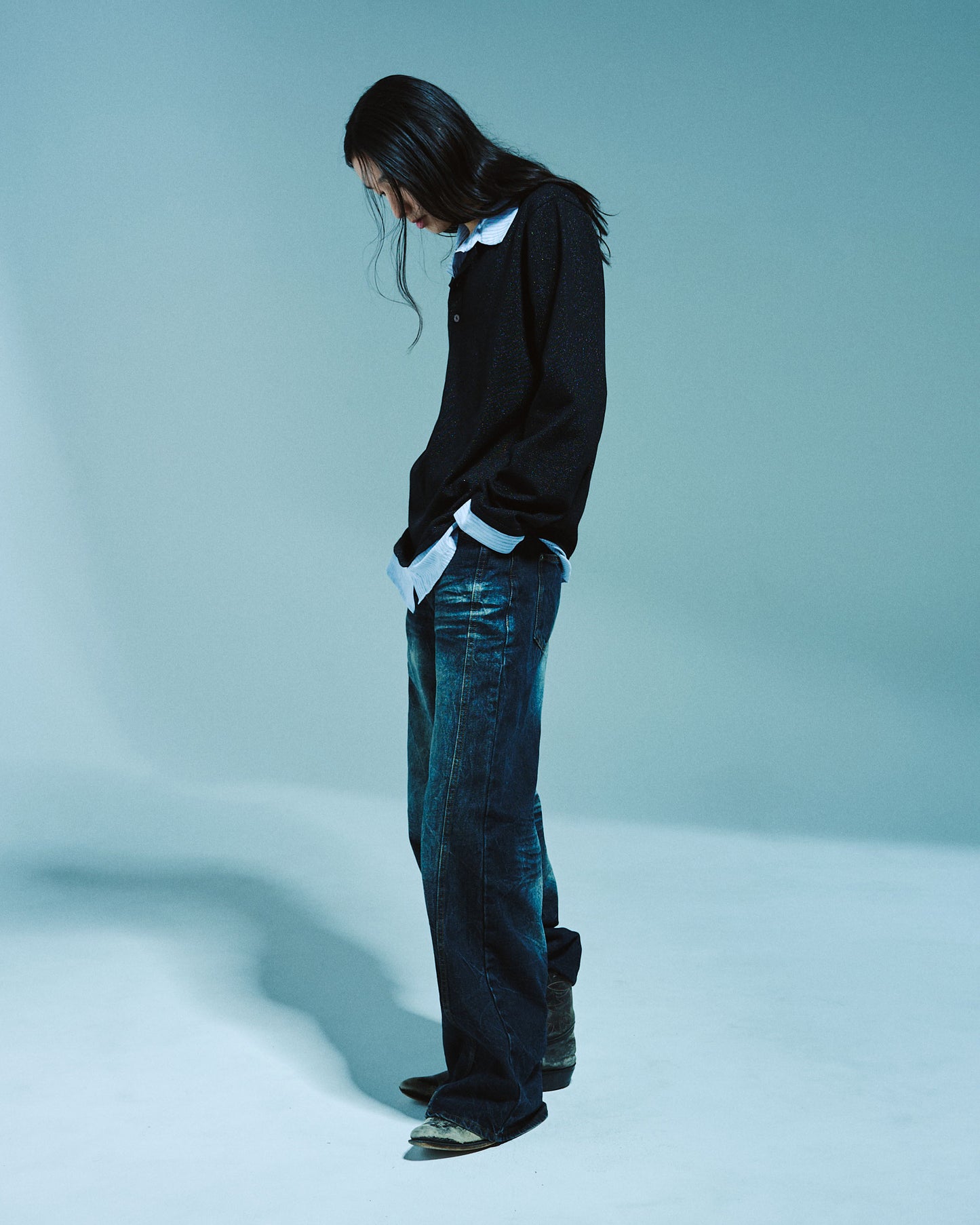 STRIPE SHIRT LAYERED LAME KNIT TOP