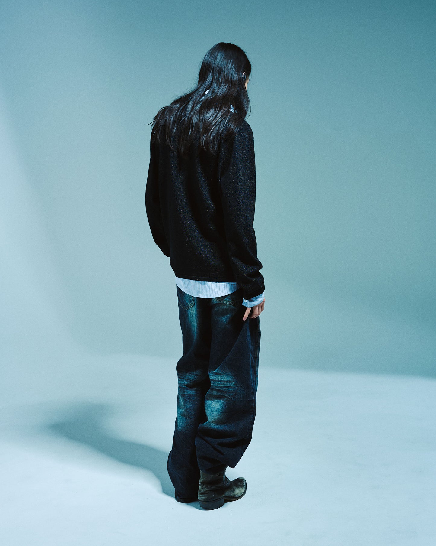 STRIPE SHIRT LAYERED LAME KNIT TOP