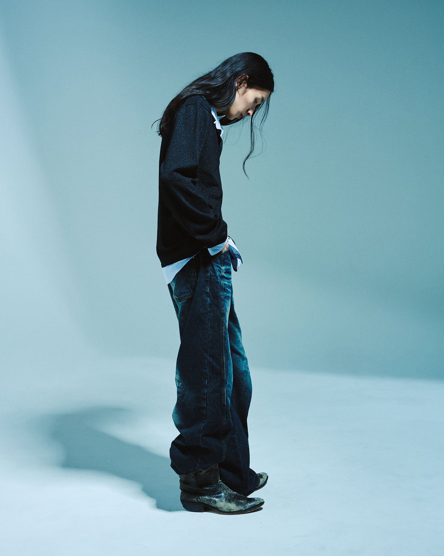 STRIPE SHIRT LAYERED LAME KNIT TOP