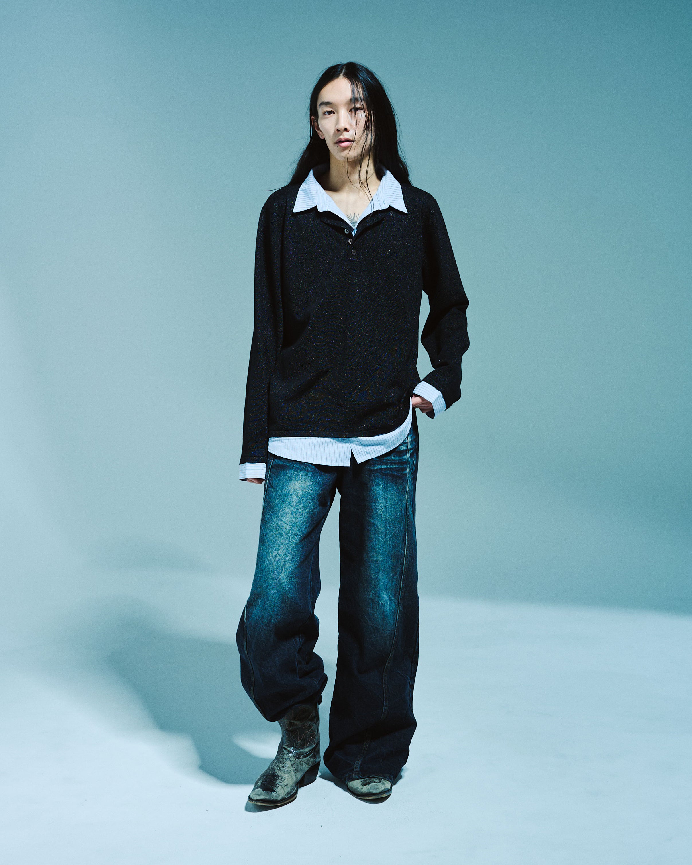 STRIPE SHIRT LAYERED LAME KNIT TOP – CAMPHOR WOOD - OFFICIAL