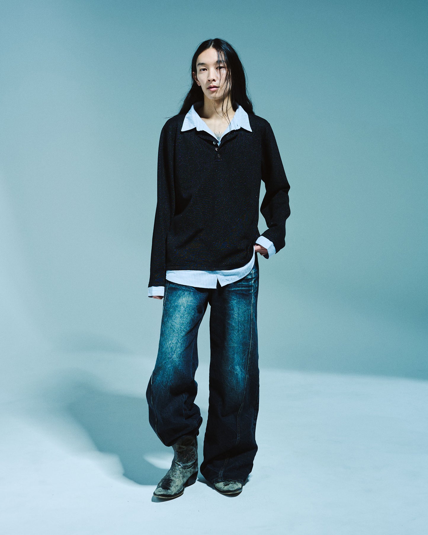 STRIPE SHIRT LAYERED LAME KNIT TOP