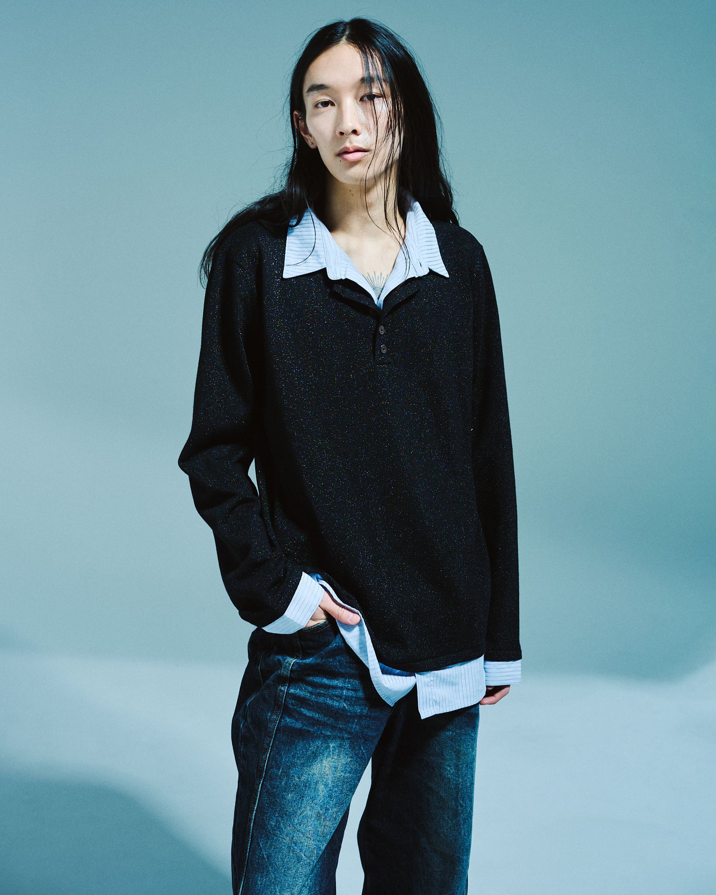 STRIPE SHIRT LAYERED LAME KNIT TOP