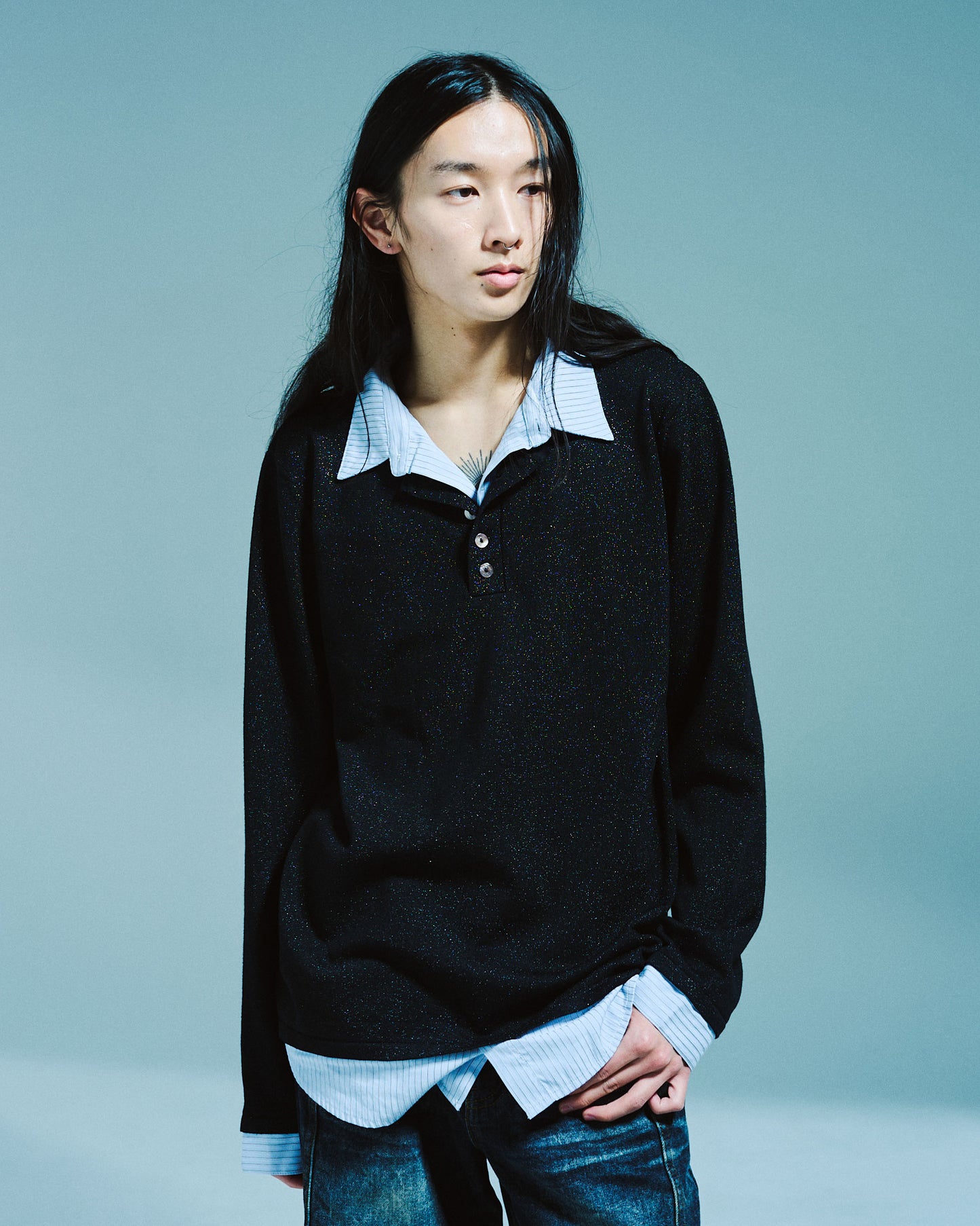 STRIPE SHIRT LAYERED LAME KNIT TOP