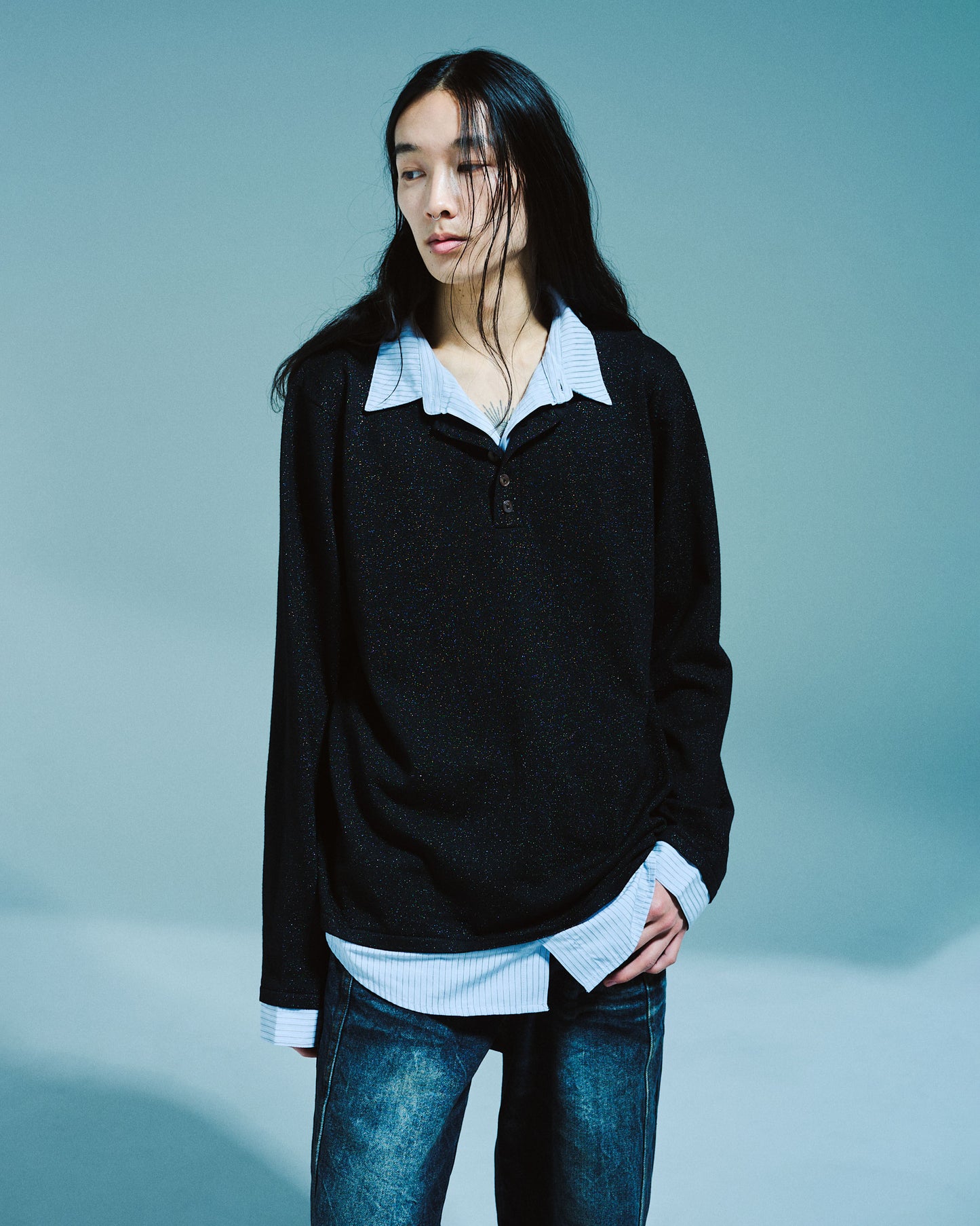 STRIPE SHIRT LAYERED LAME KNIT TOP