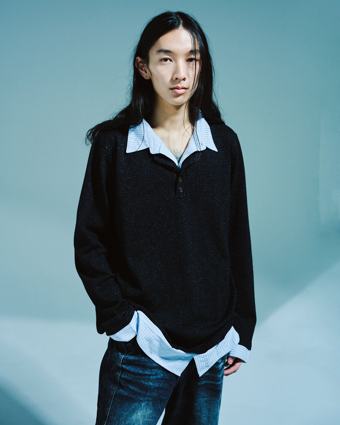 STRIPE SHIRT LAYERED LAME KNIT TOP