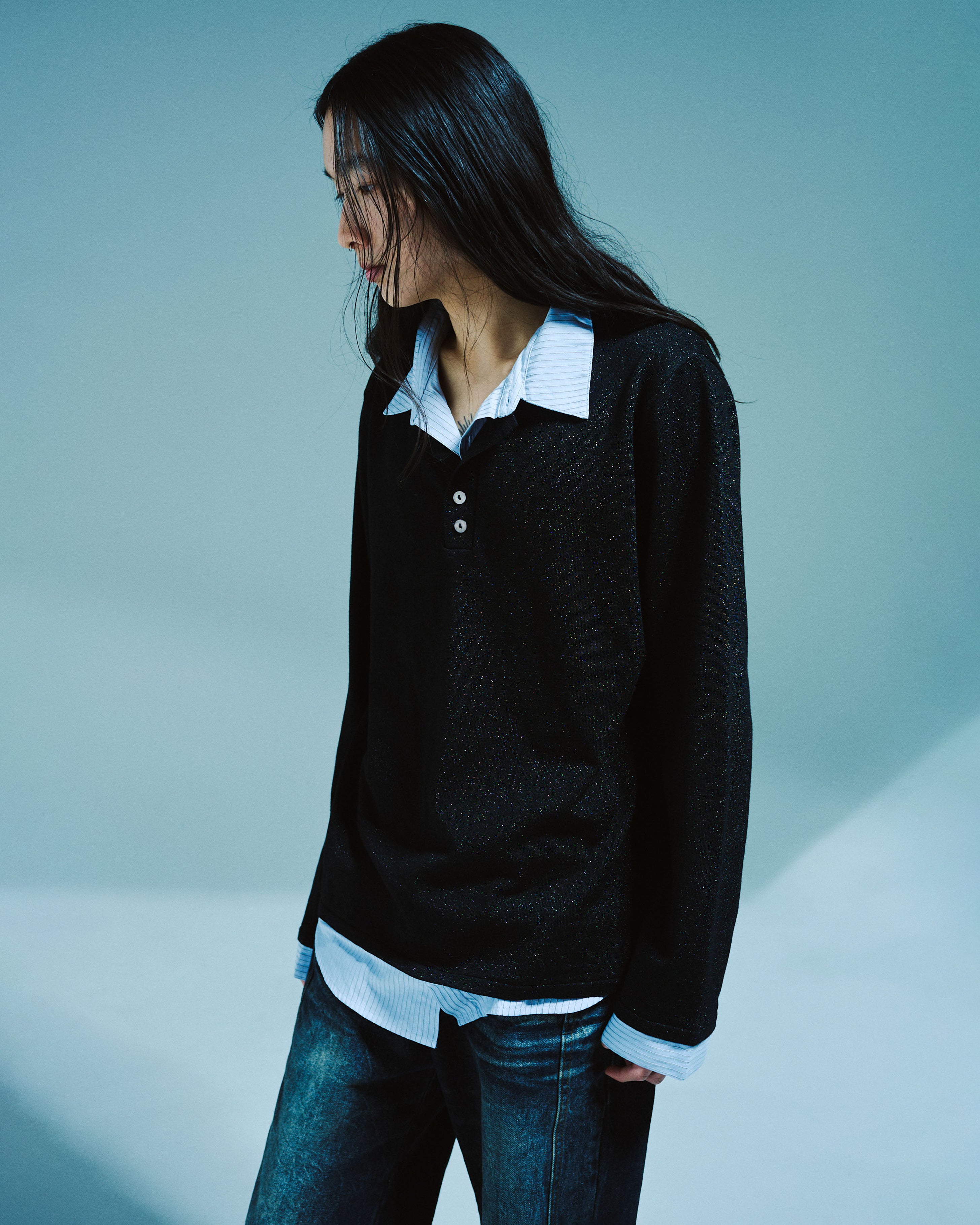 STRIPE SHIRT LAYERED LAME KNIT TOP – CAMPHOR WOOD - OFFICIAL