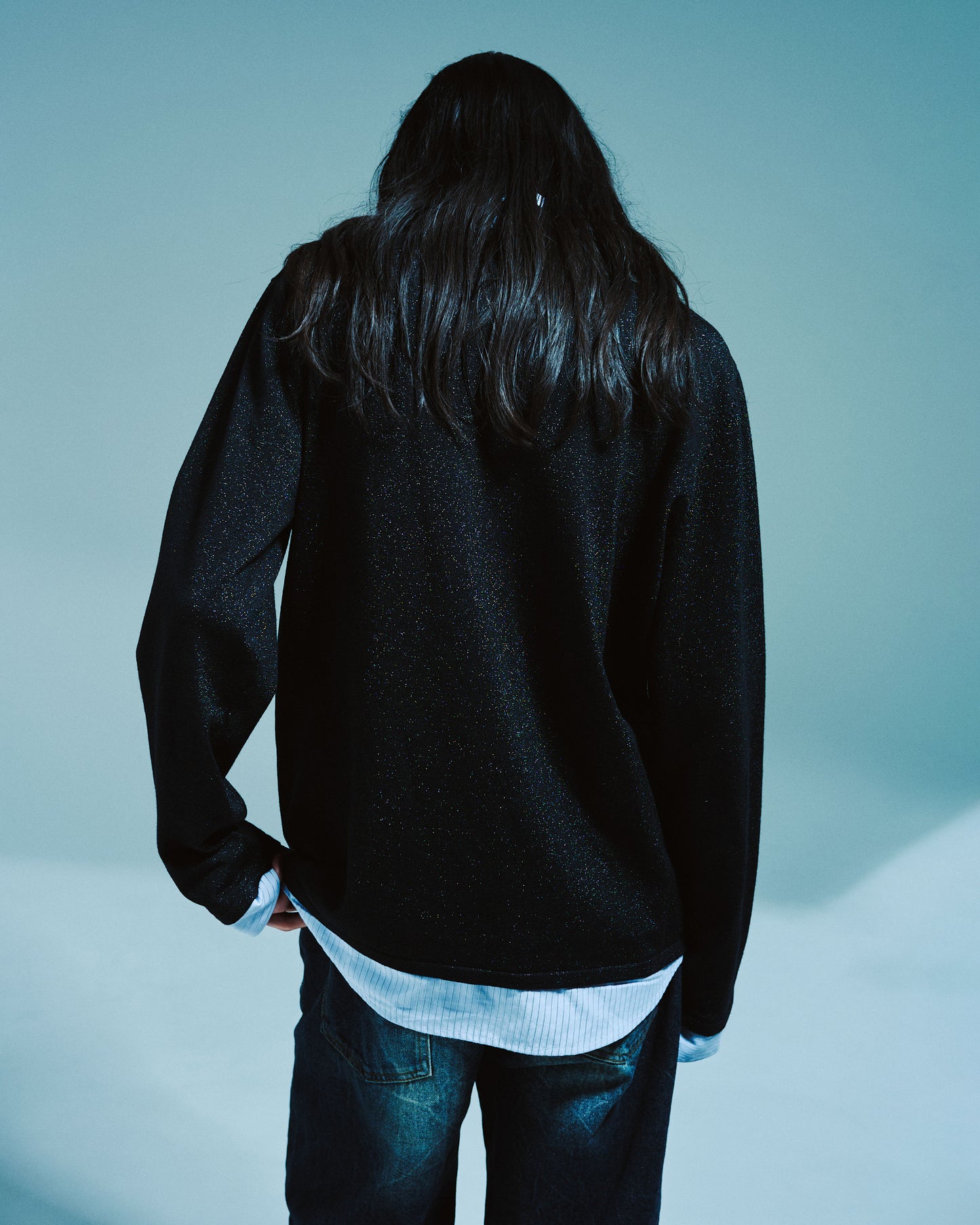 STRIPE SHIRT LAYERED LAME KNIT TOP