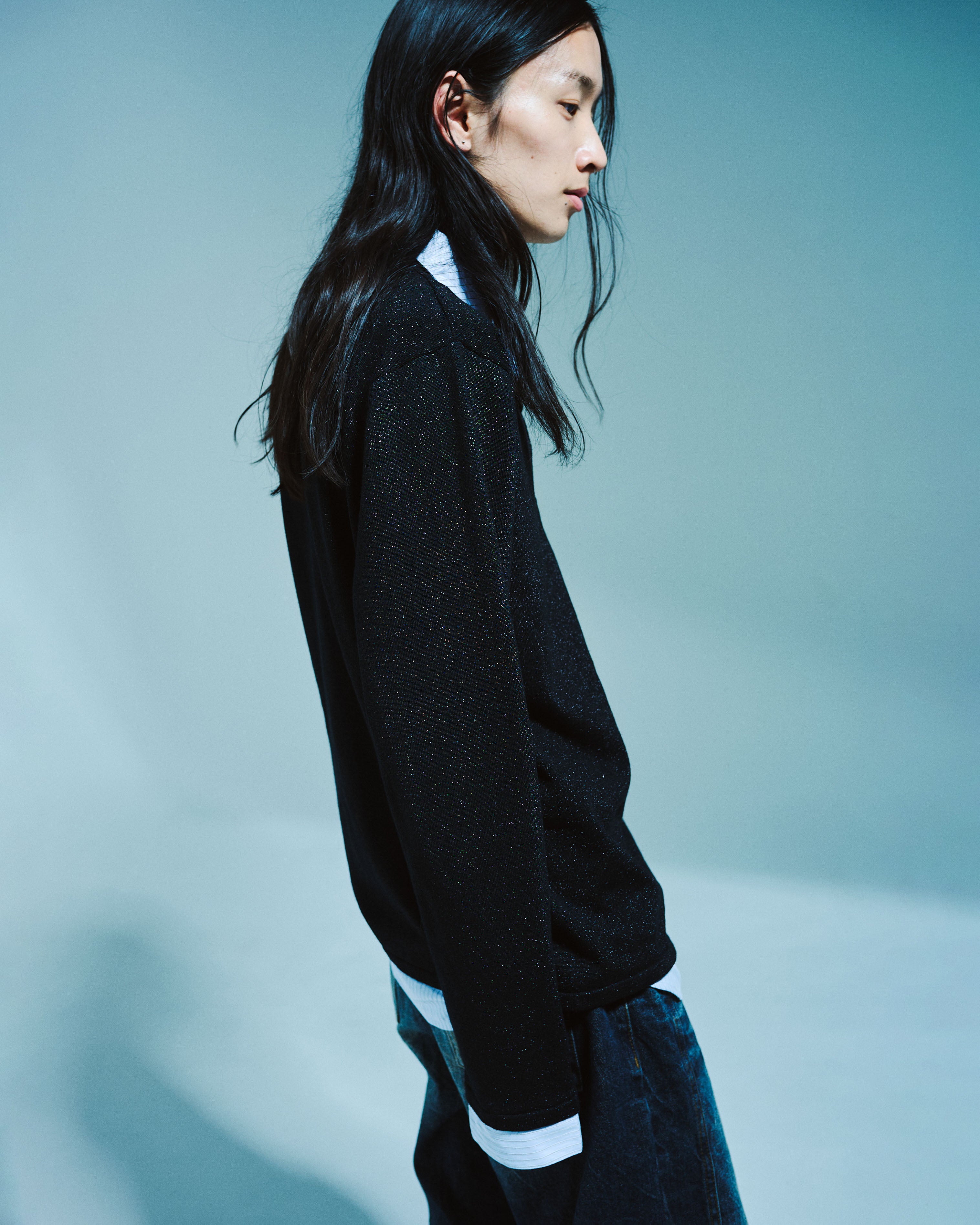 STRIPE SHIRT LAYERED LAME KNIT TOP – CAMPHOR WOOD - OFFICIAL