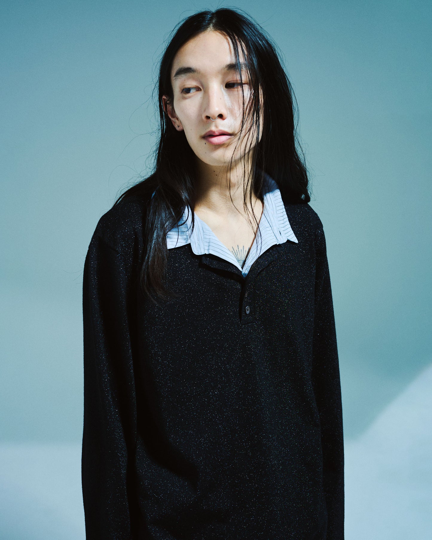 STRIPE SHIRT LAYERED LAME KNIT TOP