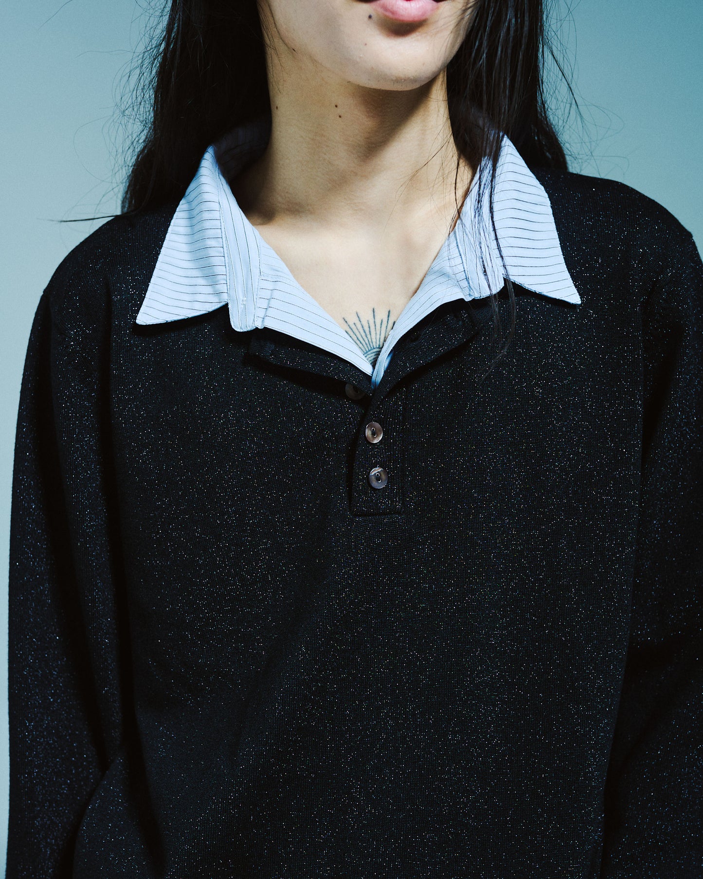 STRIPE SHIRT LAYERED LAME KNIT TOP