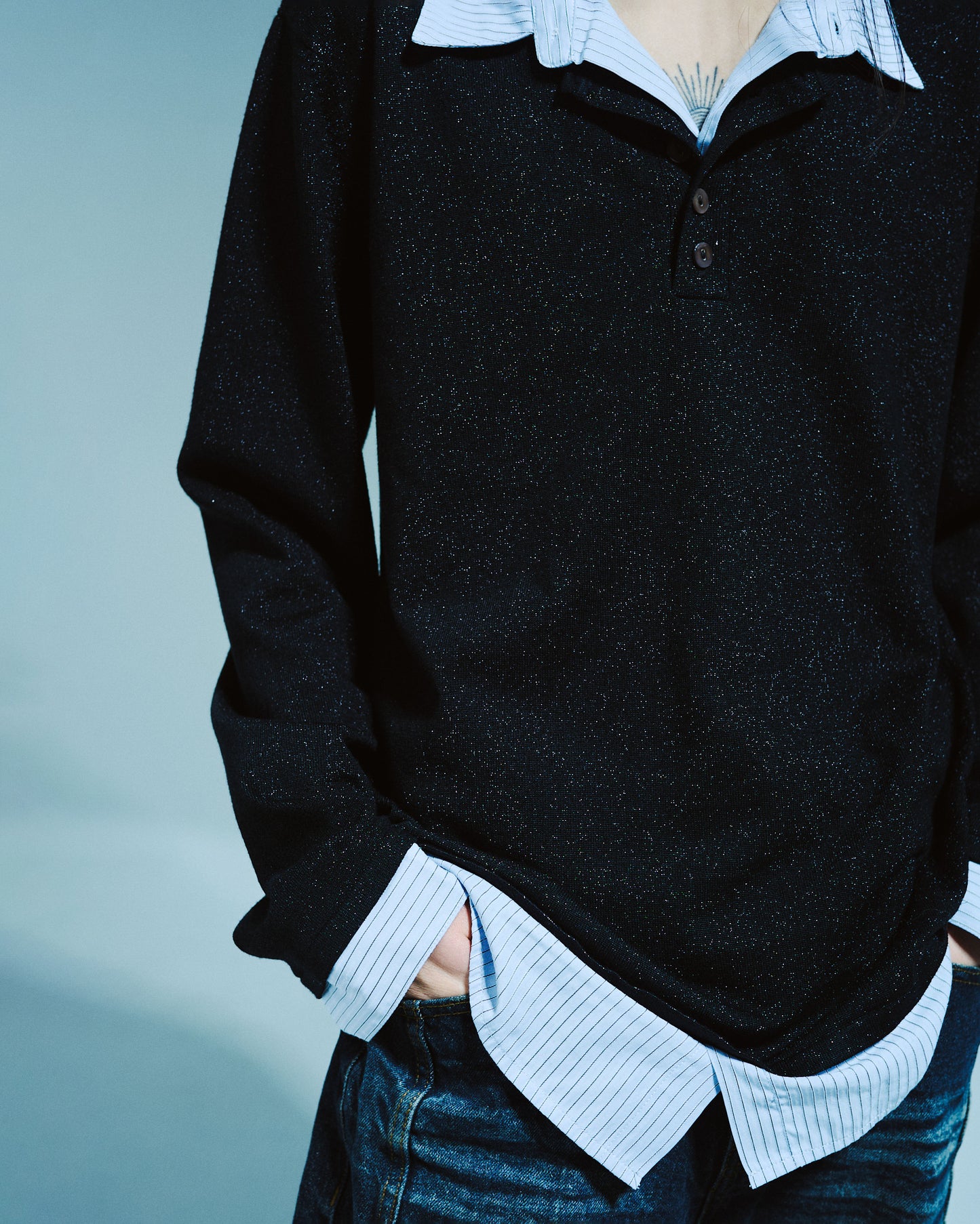 STRIPE SHIRT LAYERED LAME KNIT TOP