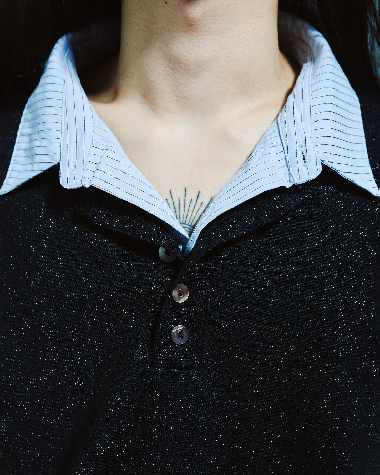 STRIPE SHIRT LAYERED LAME KNIT TOP