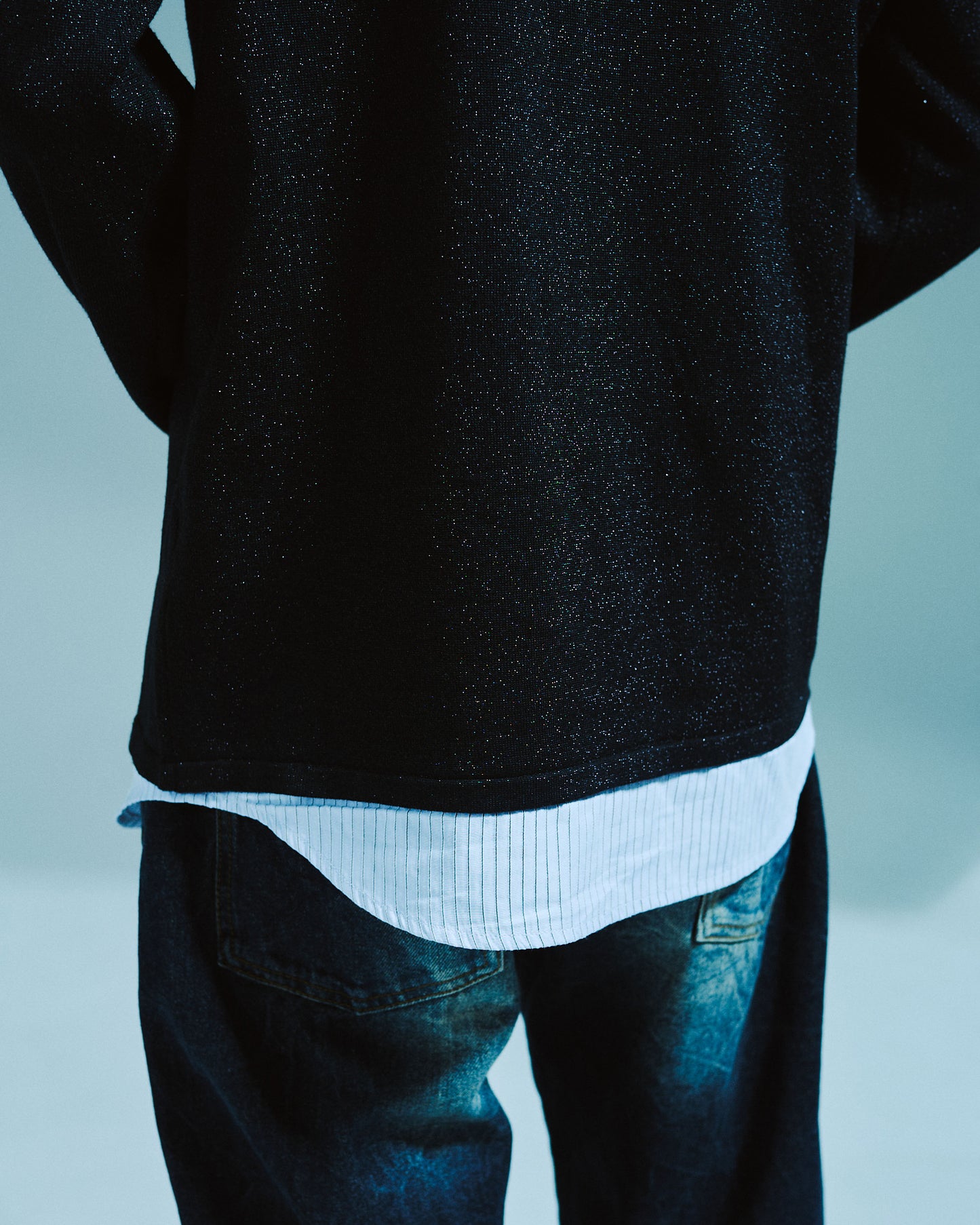 STRIPE SHIRT LAYERED LAME KNIT TOP