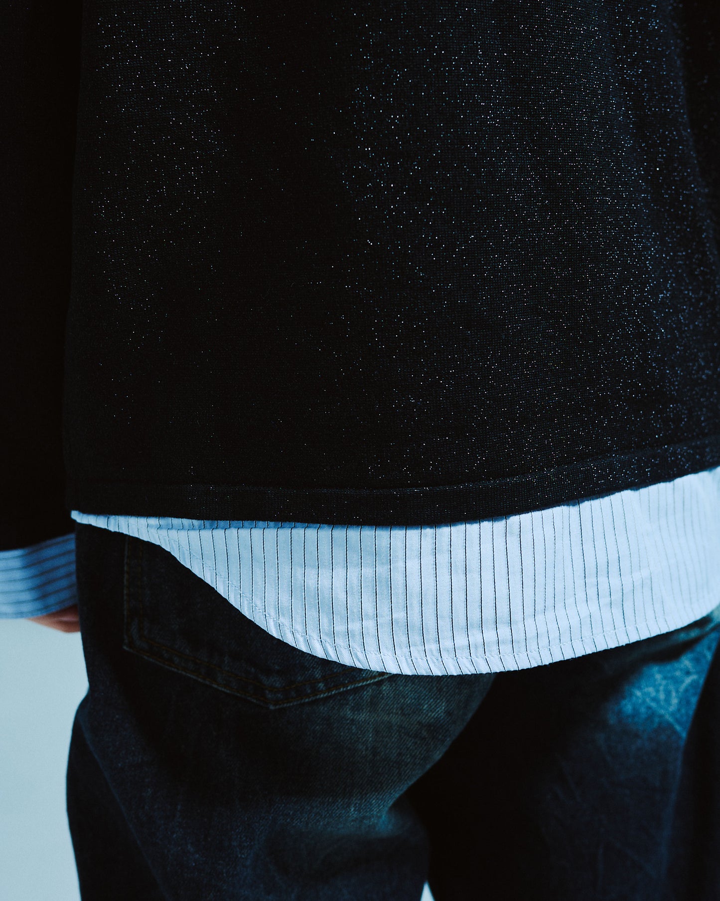 STRIPE SHIRT LAYERED LAME KNIT TOP