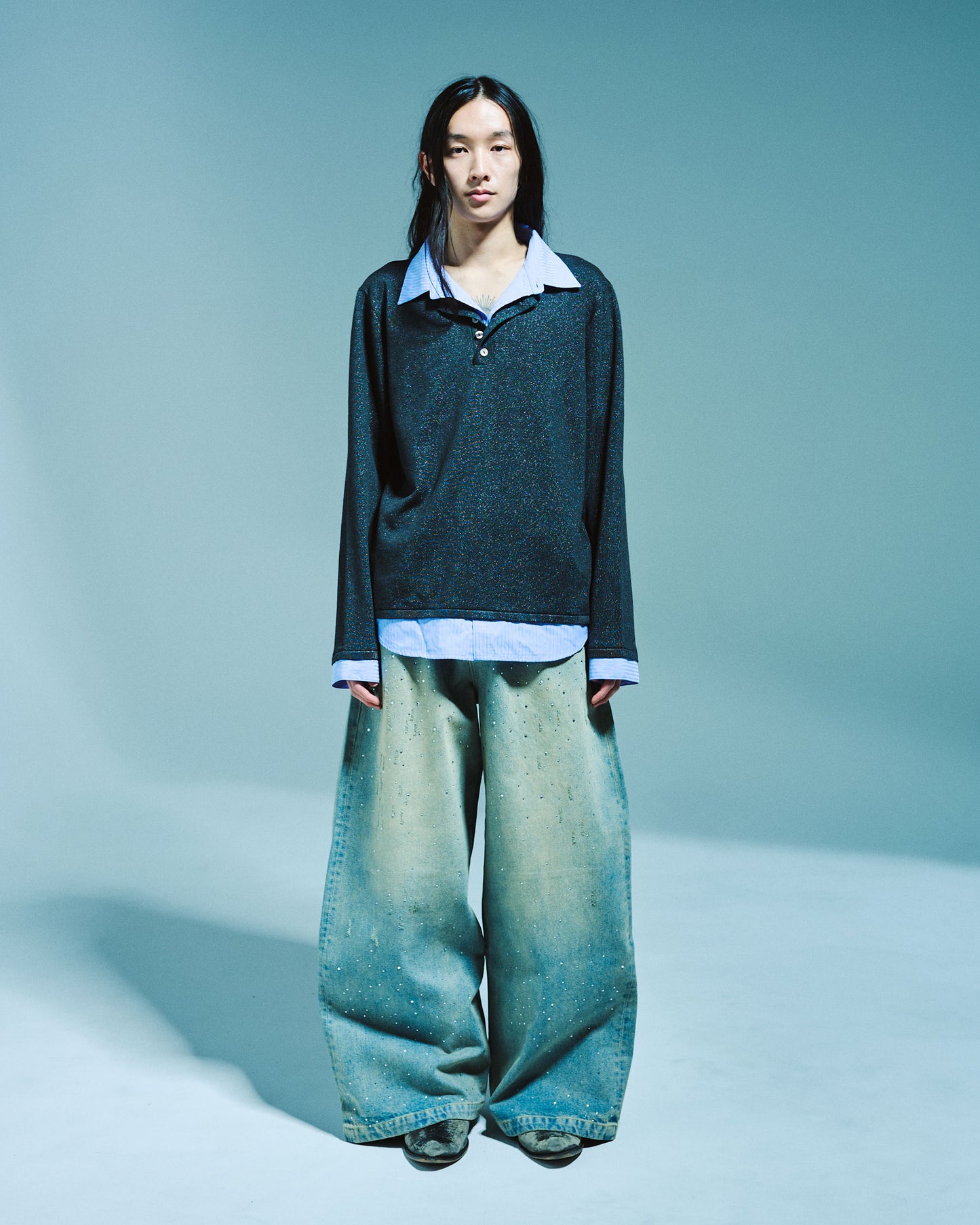 STRIPE SHIRT LAYERED LAME KNIT TOP