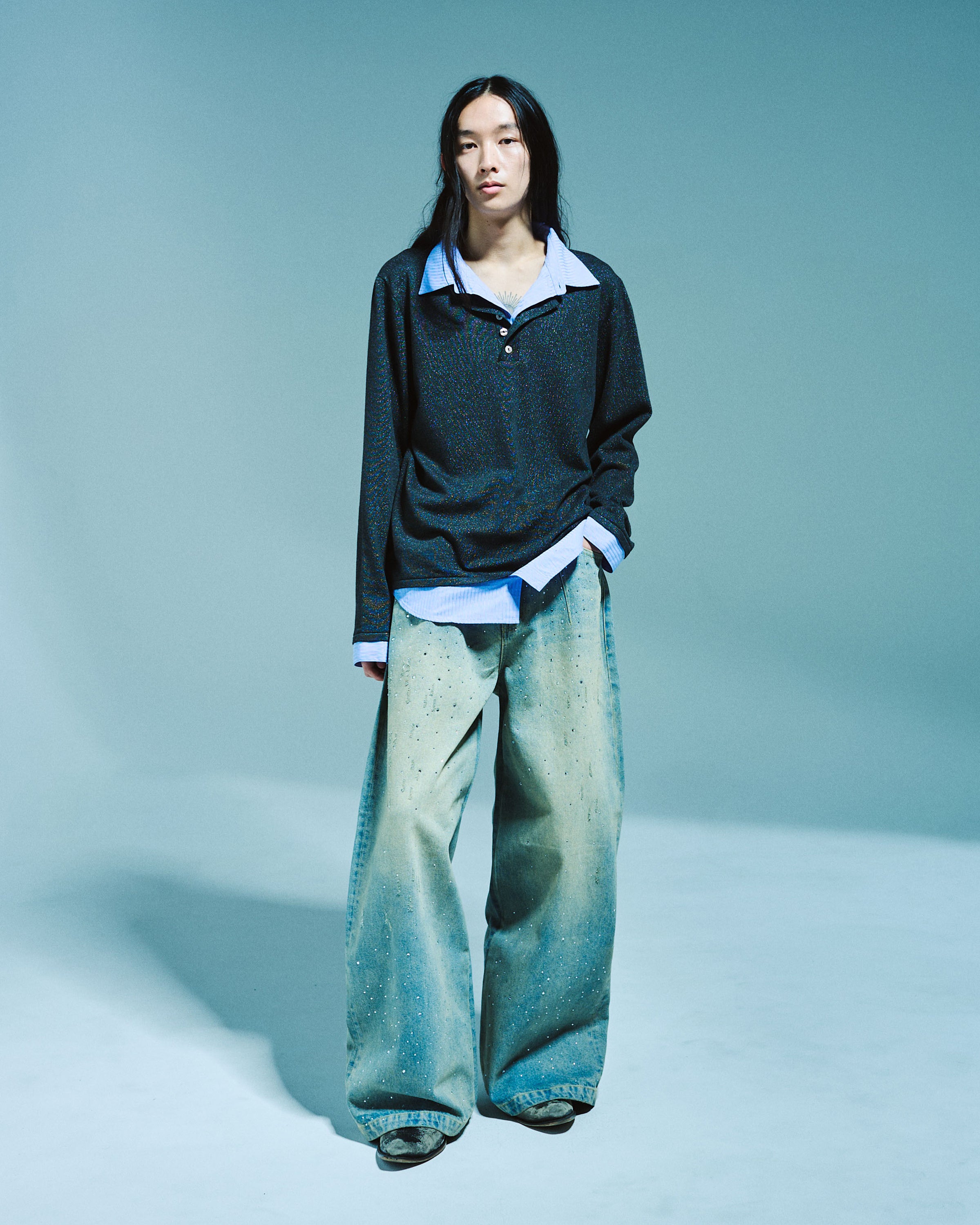 STRIPE SHIRT LAYERED LAME KNIT TOP – CAMPHOR WOOD - OFFICIAL