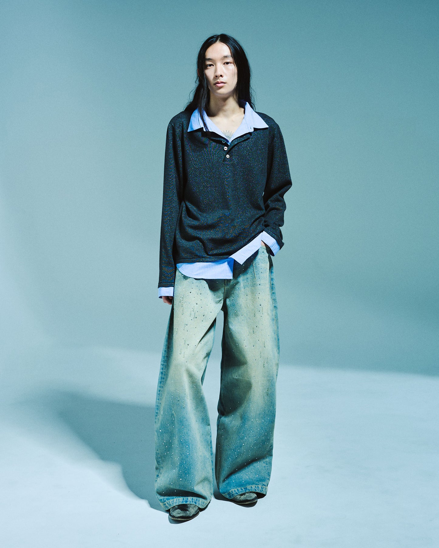 STRIPE SHIRT LAYERED LAME KNIT TOP