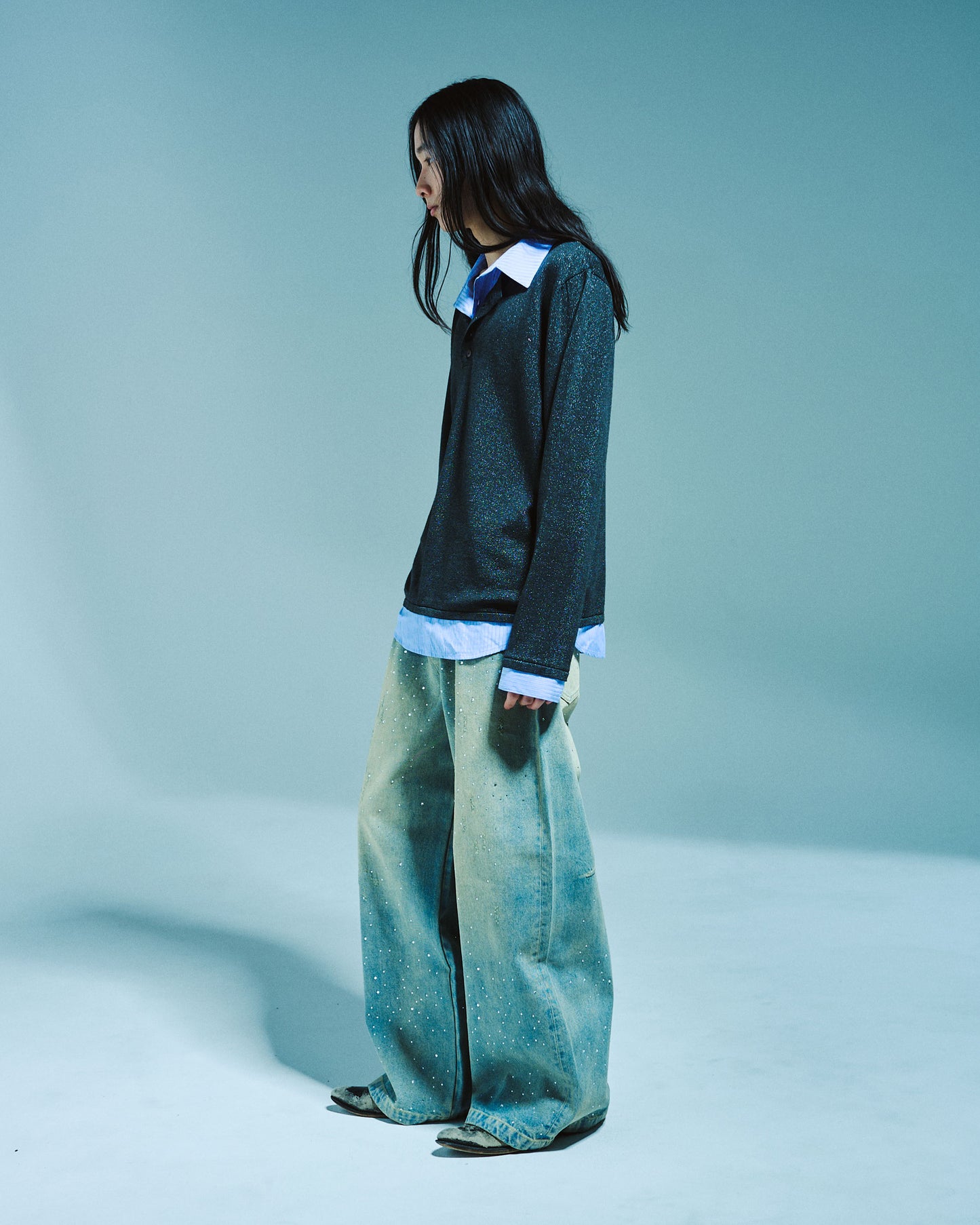 STRIPE SHIRT LAYERED LAME KNIT TOP