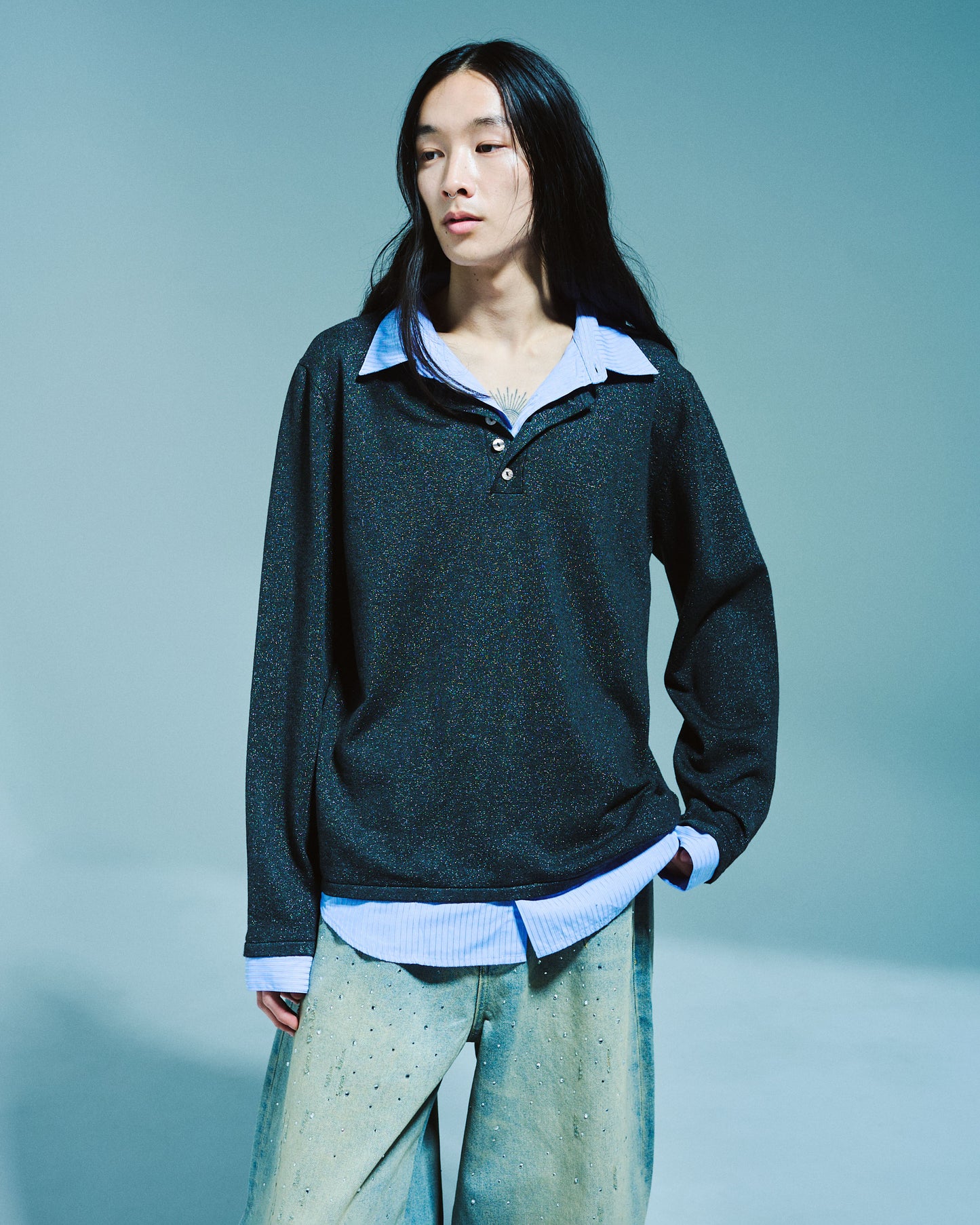 STRIPE SHIRT LAYERED LAME KNIT TOP