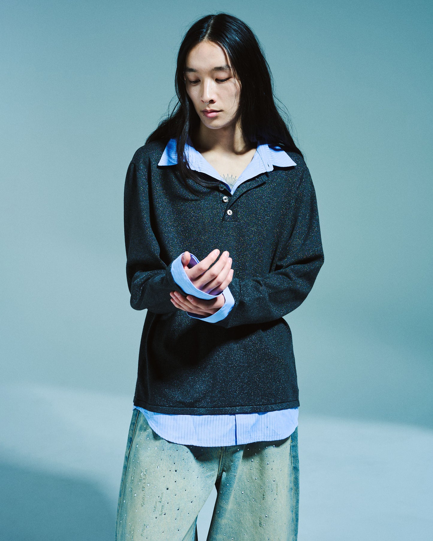 STRIPE SHIRT LAYERED LAME KNIT TOP