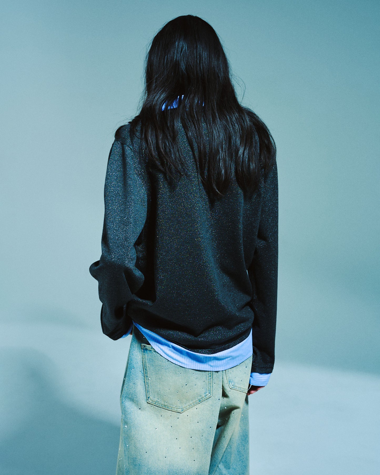 STRIPE SHIRT LAYERED LAME KNIT TOP