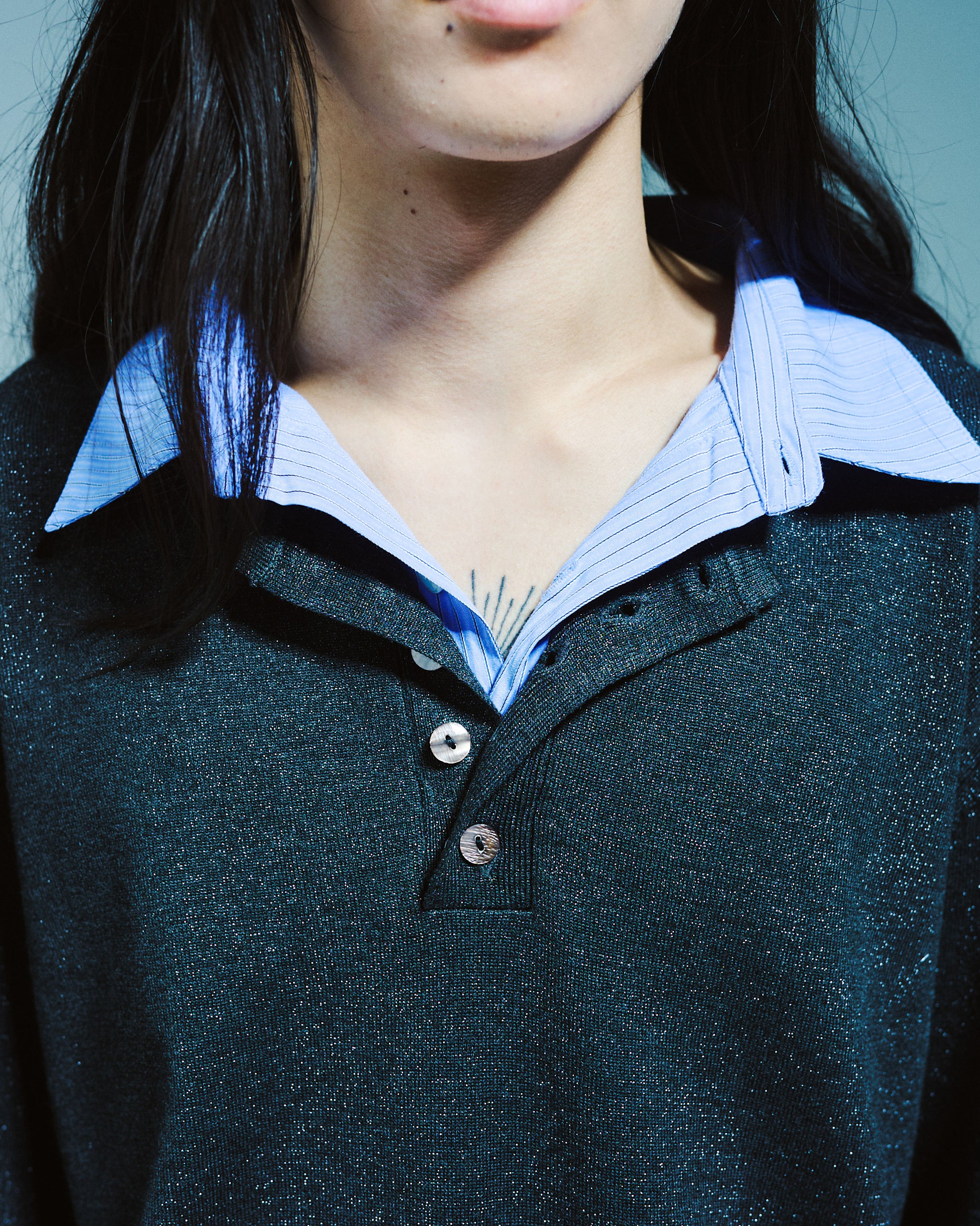 STRIPE SHIRT LAYERED LAME KNIT TOP – CAMPHOR WOOD - OFFICIAL