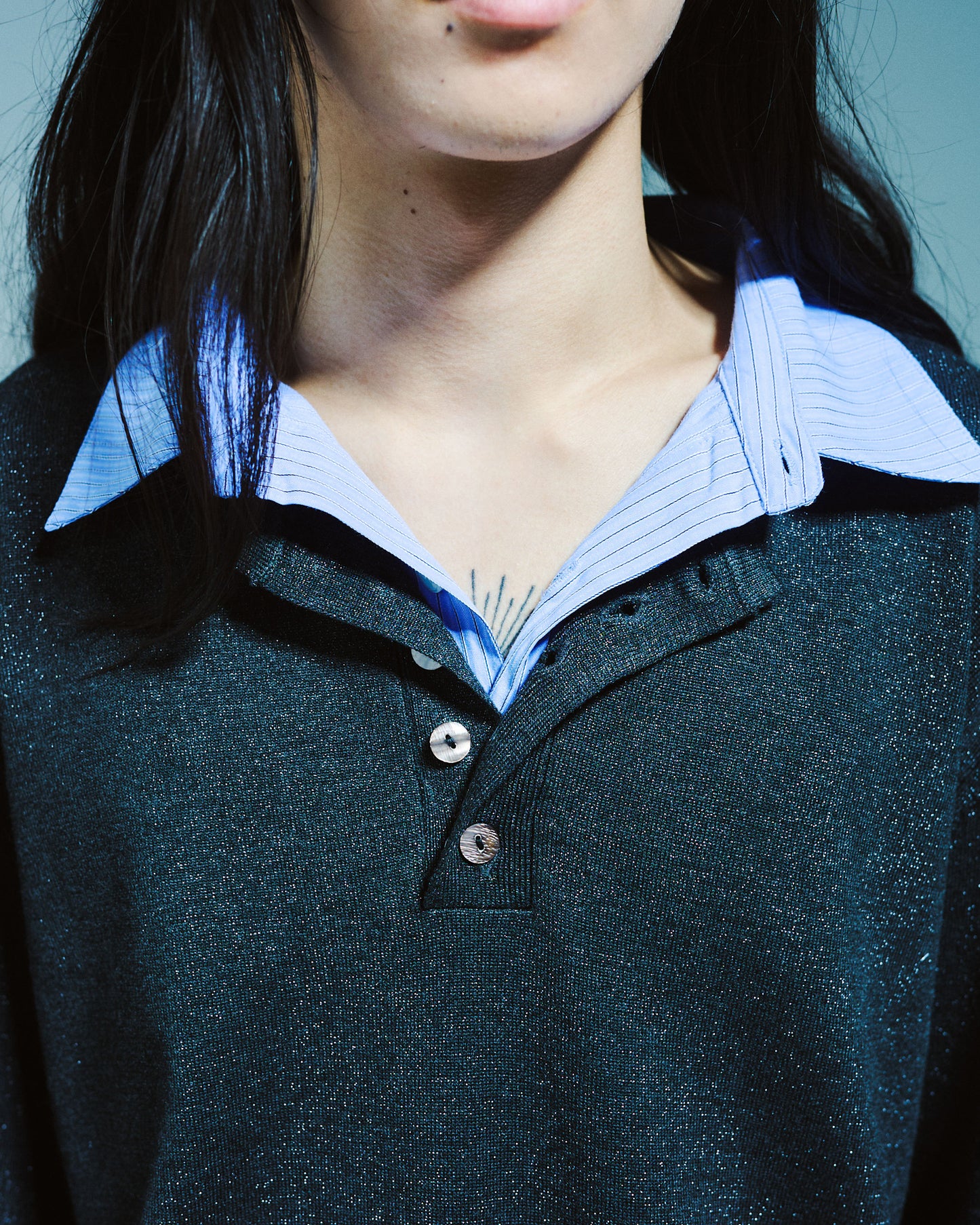 STRIPE SHIRT LAYERED LAME KNIT TOP