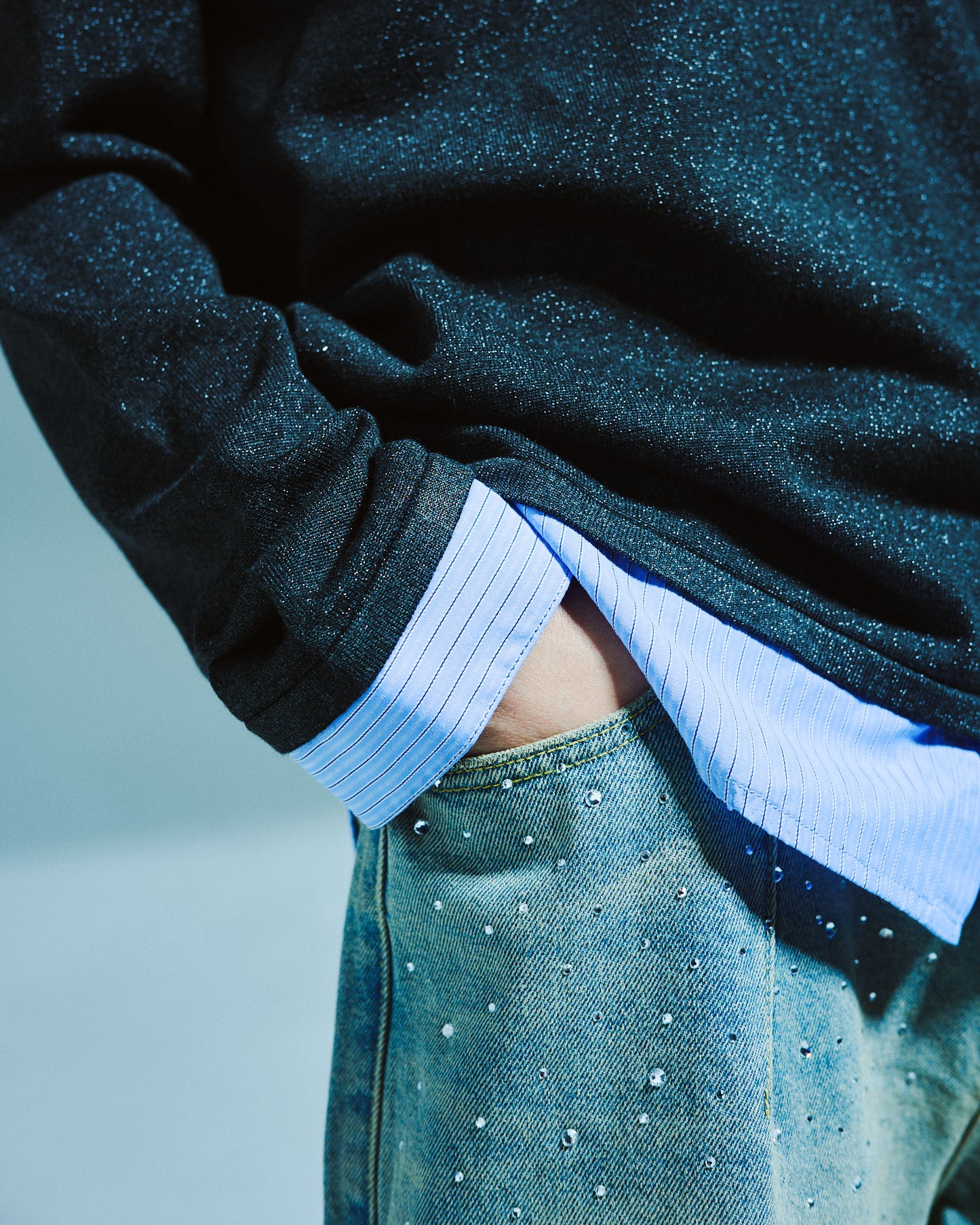 STRIPE SHIRT LAYERED LAME KNIT TOP