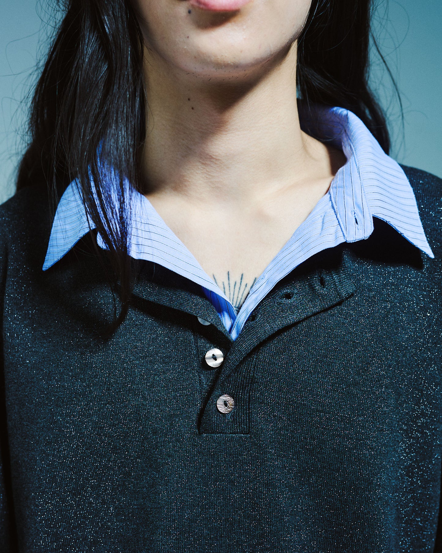 STRIPE SHIRT LAYERED LAME KNIT TOP