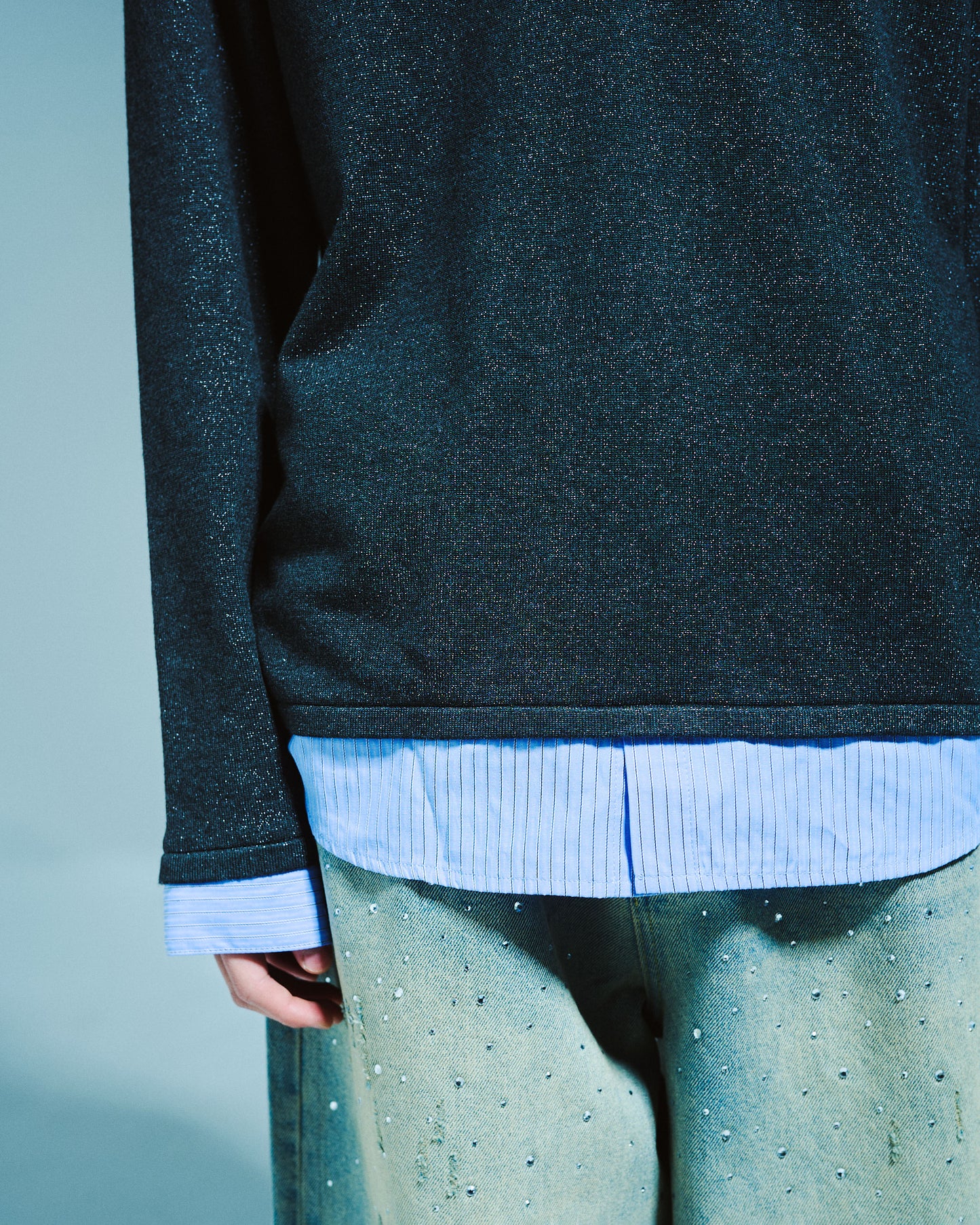 STRIPE SHIRT LAYERED LAME KNIT TOP