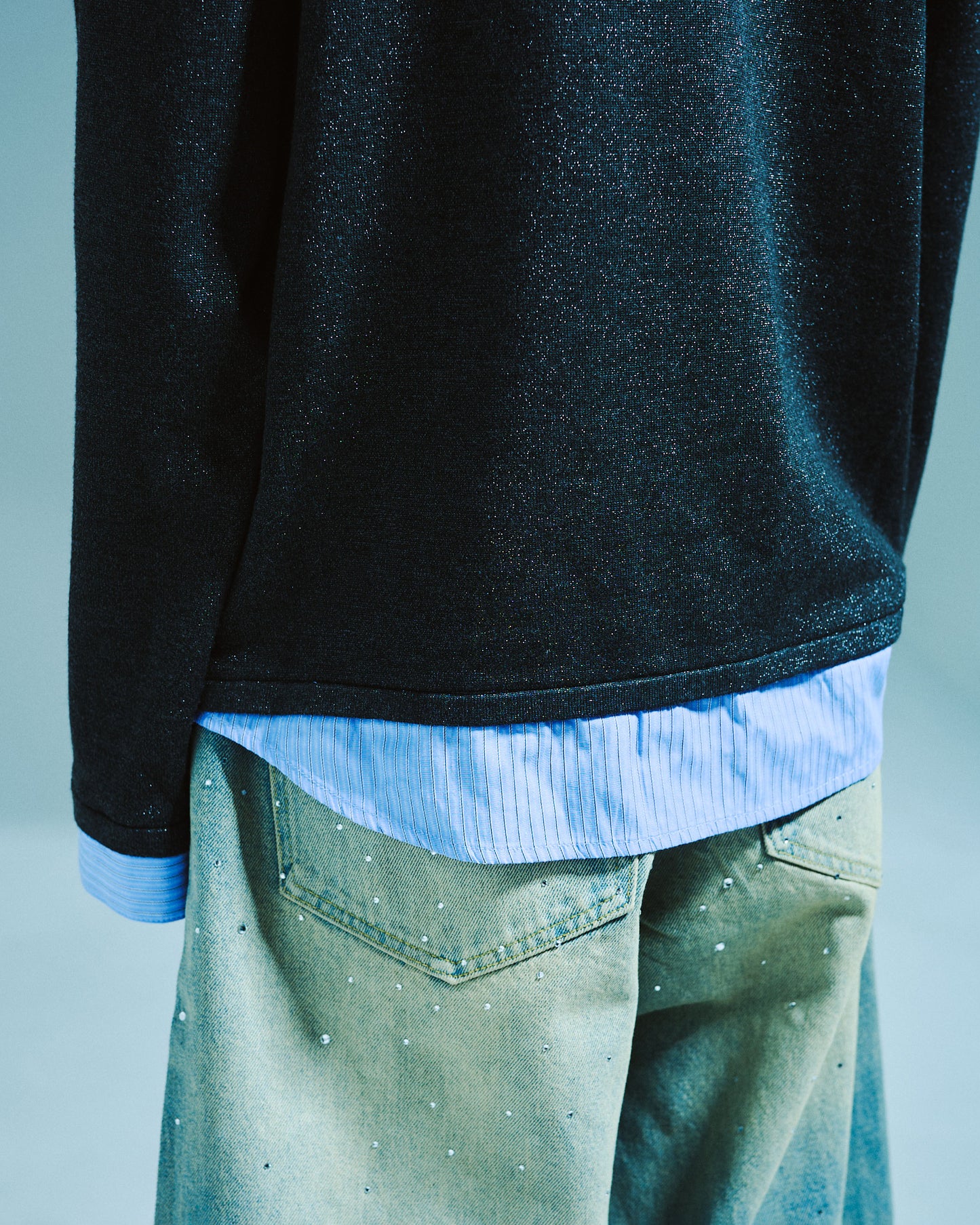 STRIPE SHIRT LAYERED LAME KNIT TOP