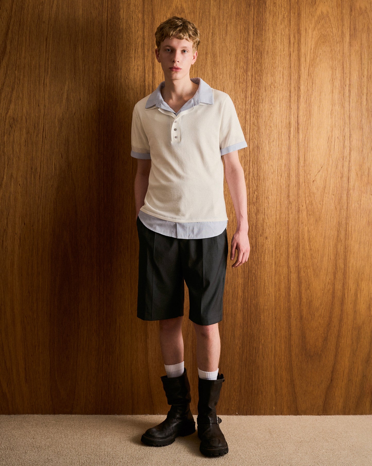 STRIPE SHIRT LAYERED LAME KNIT H/S SHIRTS