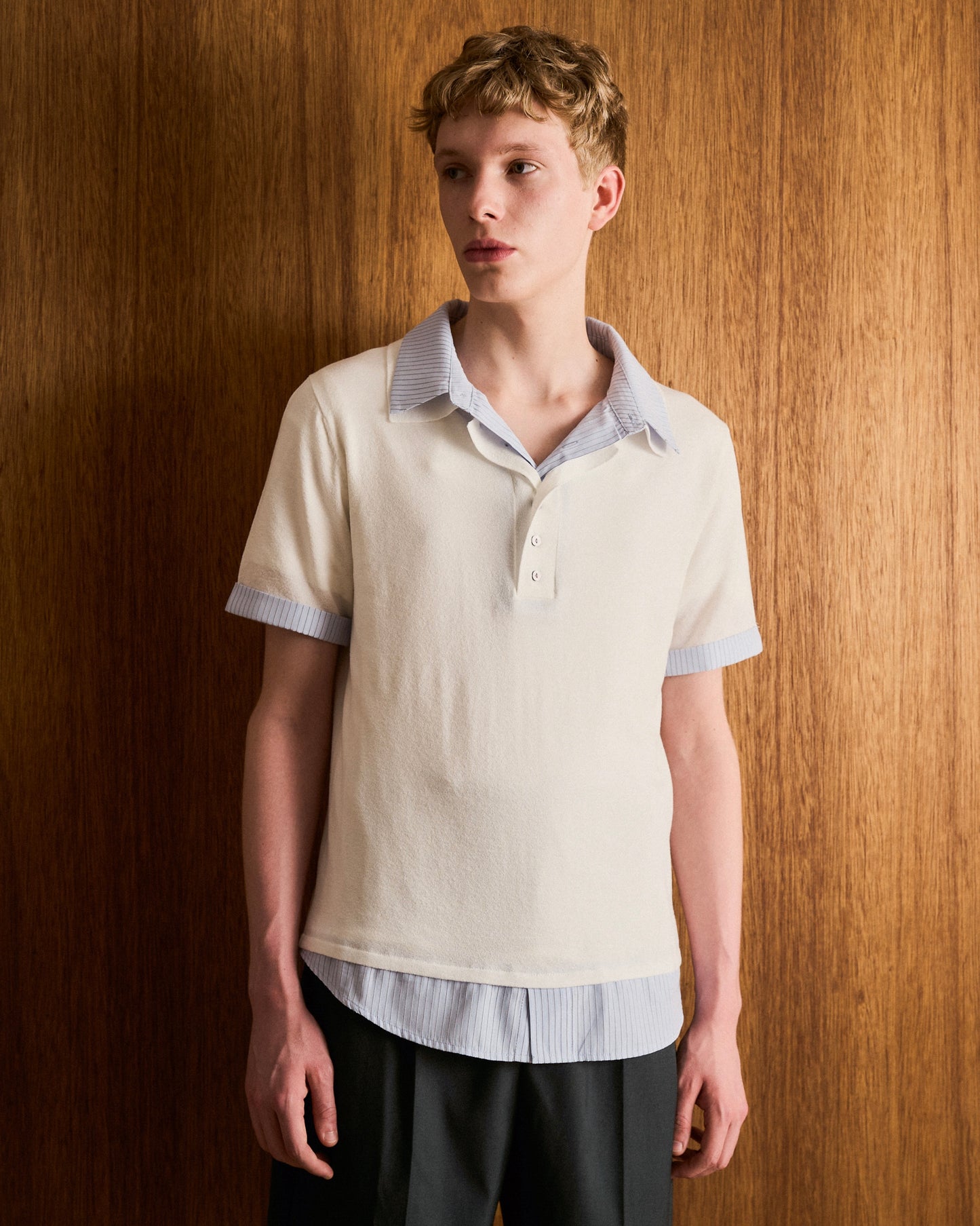 STRIPE SHIRT LAYERED LAME KNIT H/S SHIRTS