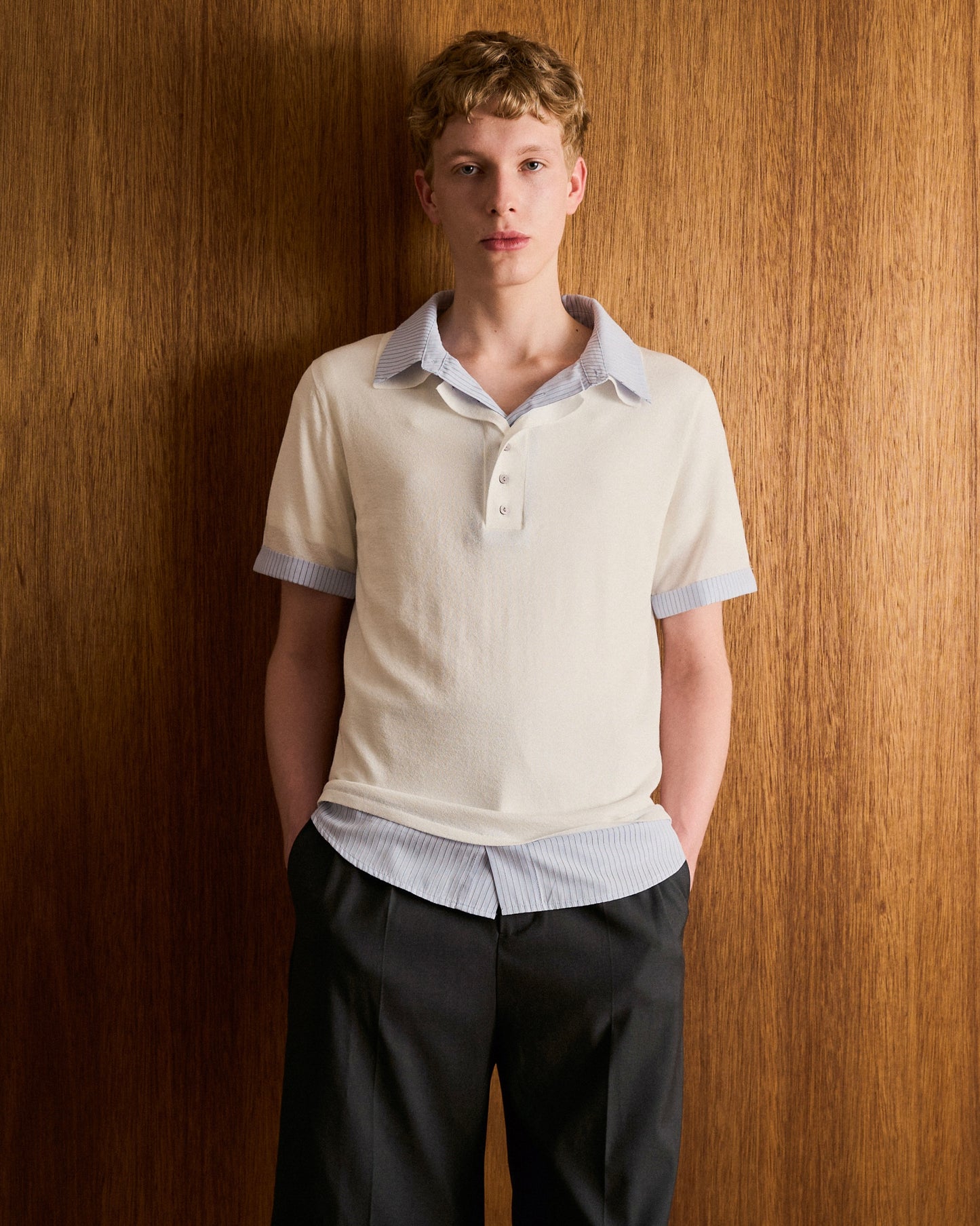 STRIPE SHIRT LAYERED LAME KNIT H/S SHIRTS