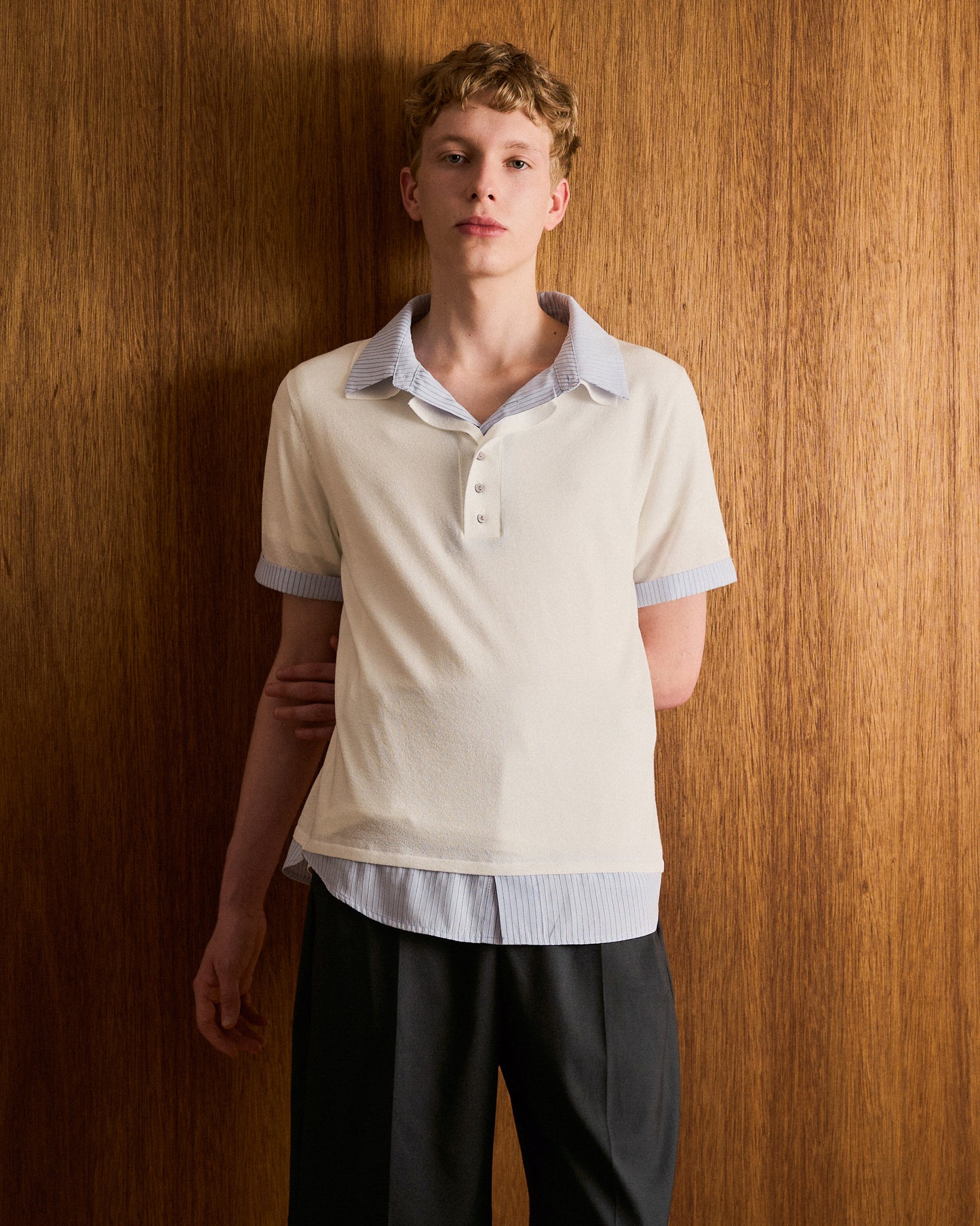 STRIPE SHIRT LAYERED LAME KNIT H/S SHIRTS