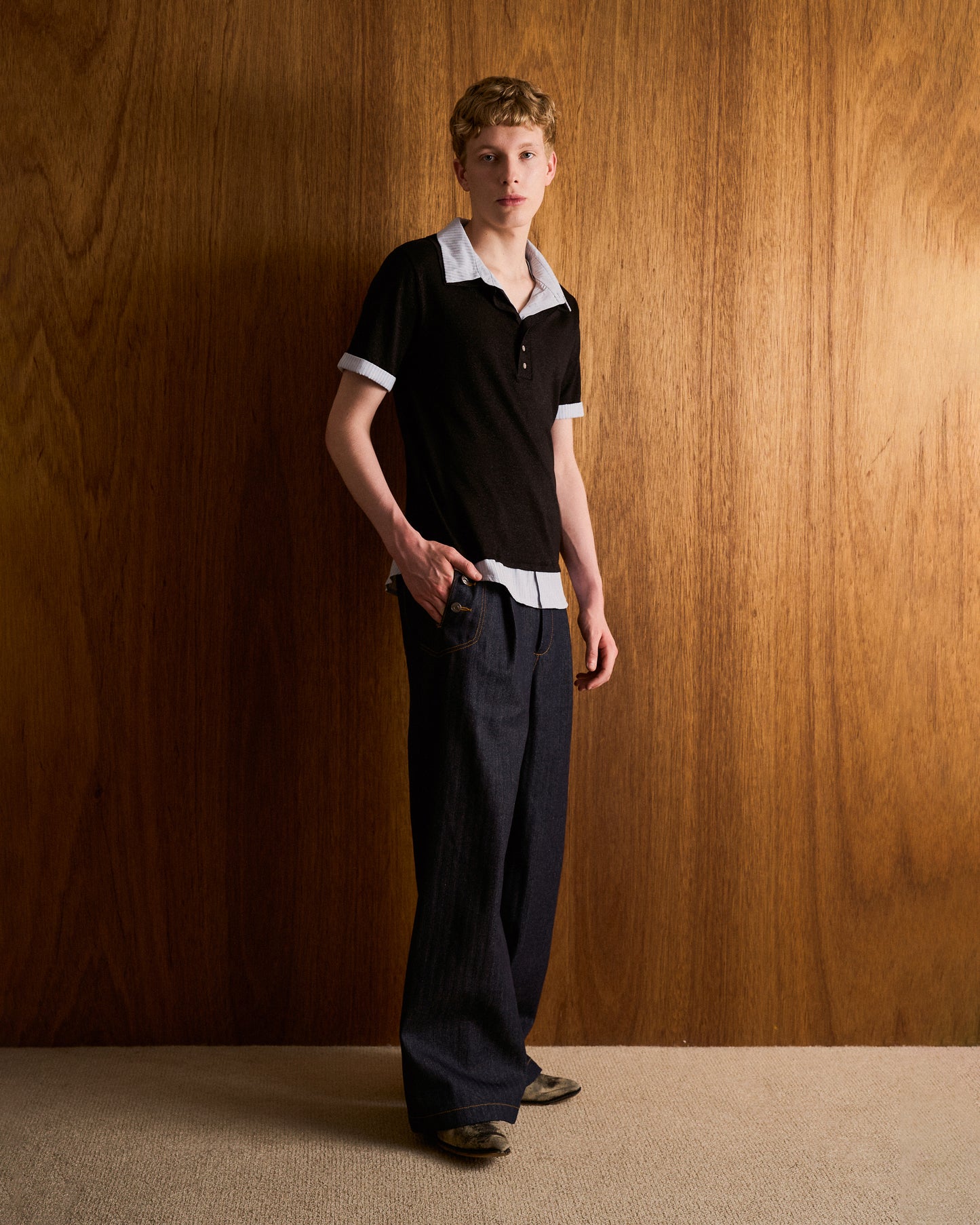 STRIPE SHIRT LAYERED LAME KNIT H/S SHIRTS