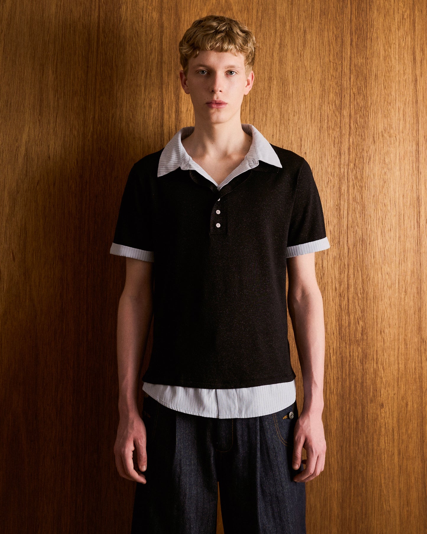 STRIPE SHIRT LAYERED LAME KNIT H/S SHIRTS