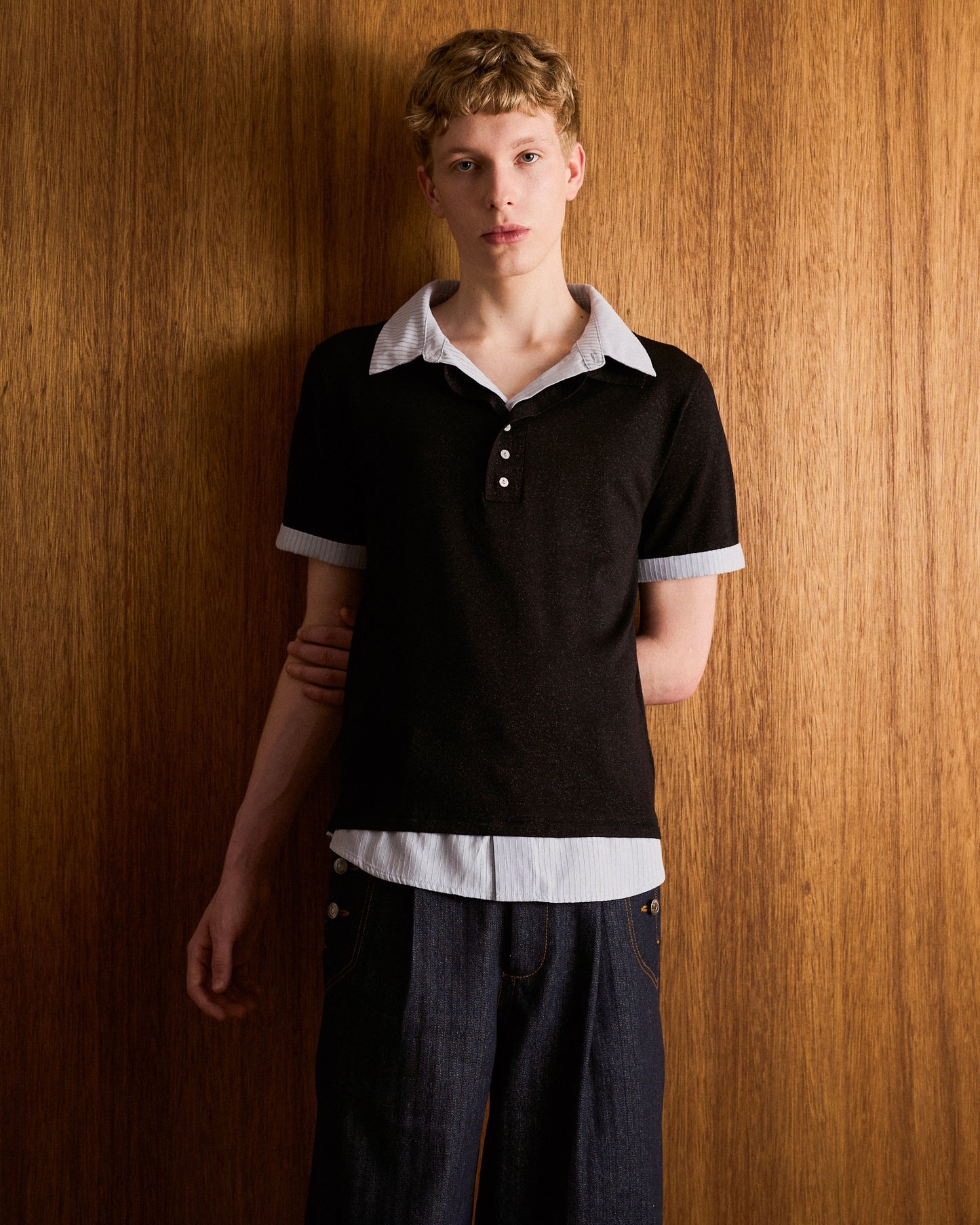 STRIPE SHIRT LAYERED LAME KNIT H/S SHIRTS