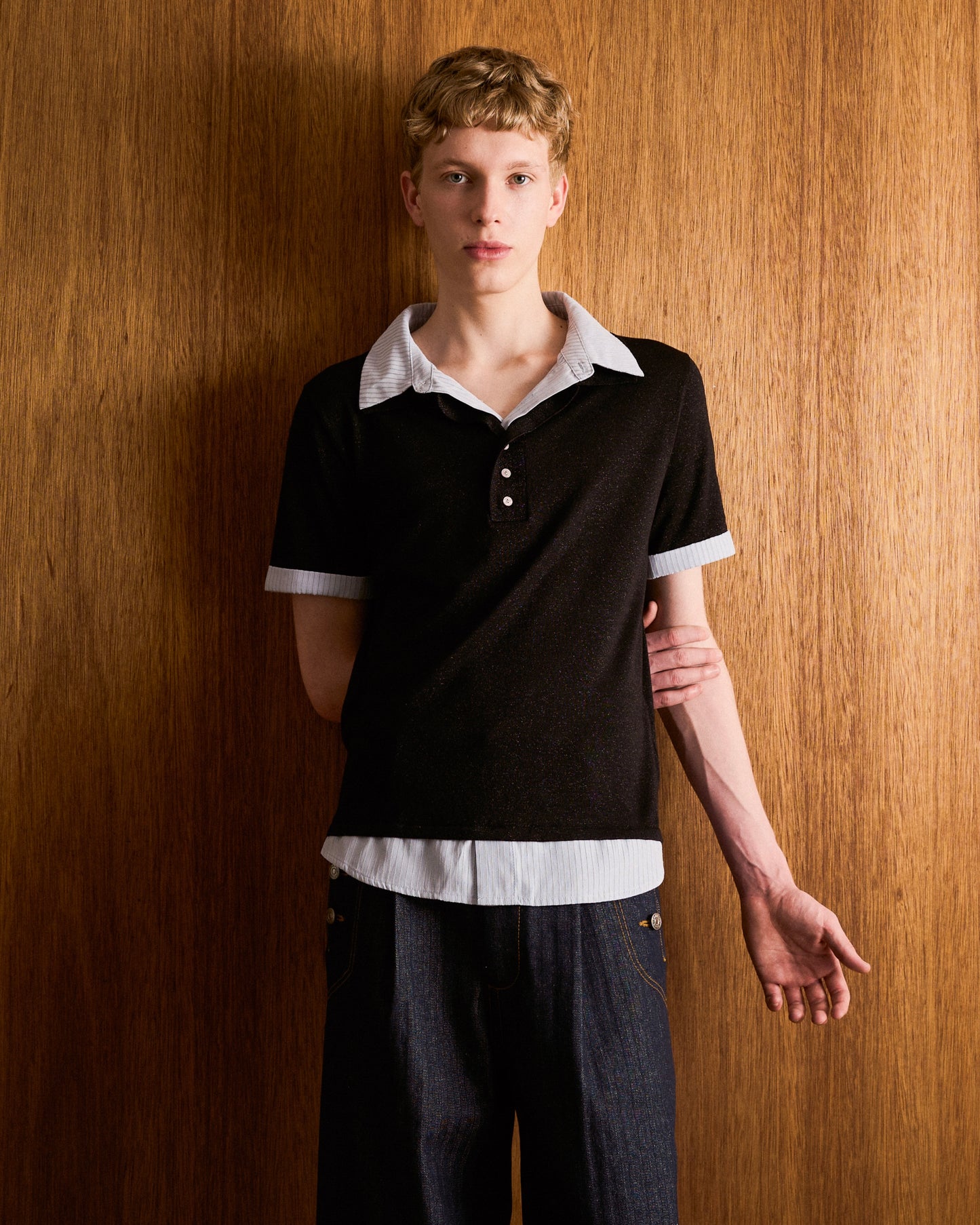 STRIPE SHIRT LAYERED LAME KNIT H/S SHIRTS