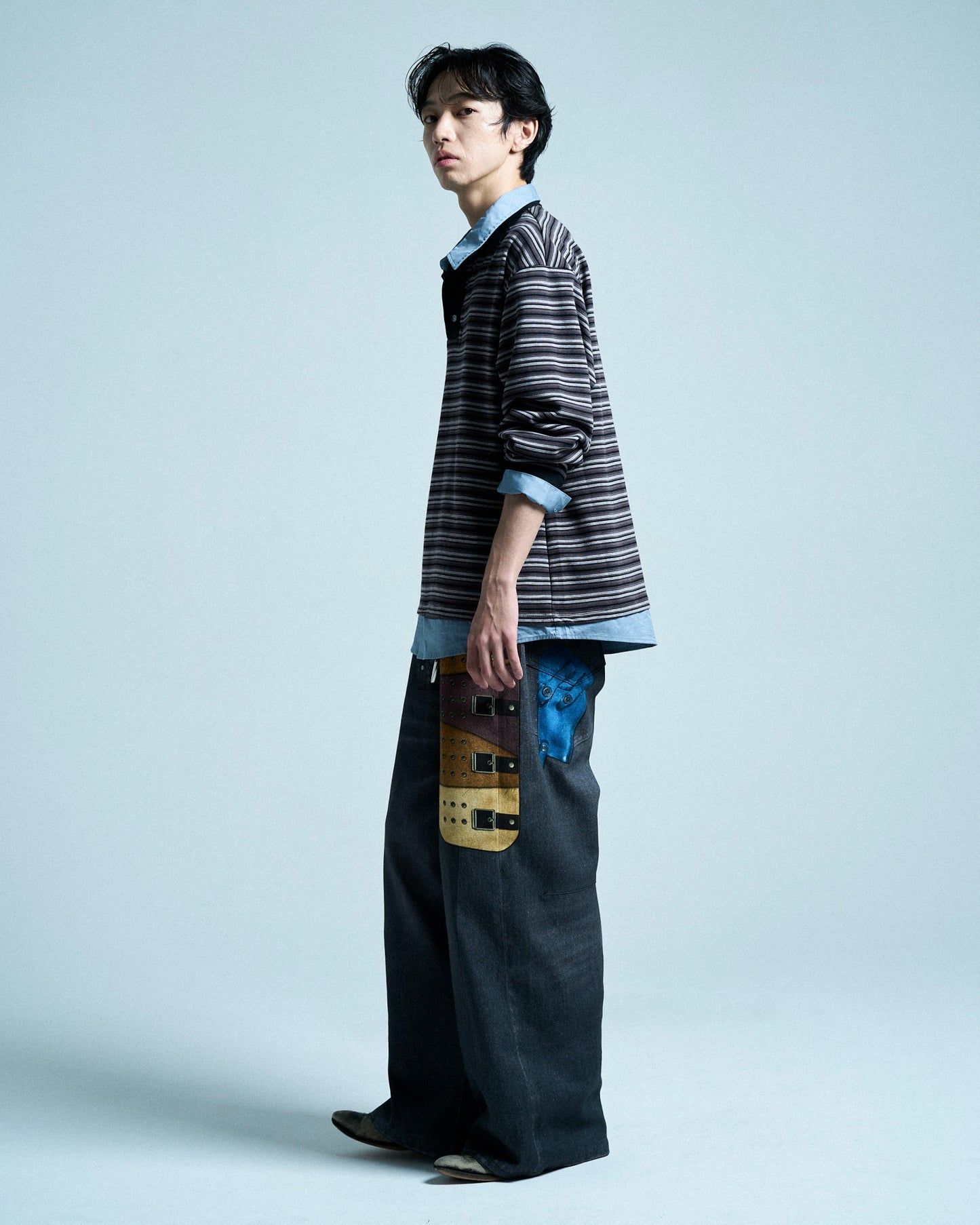 DOUBLE COLLAR LAYERED BORDER POLO L/S SHIRTS