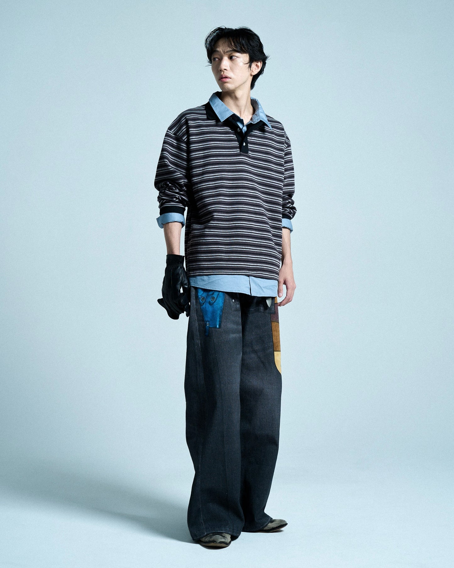 DOUBLE COLLAR LAYERED BORDER POLO L/S SHIRTS