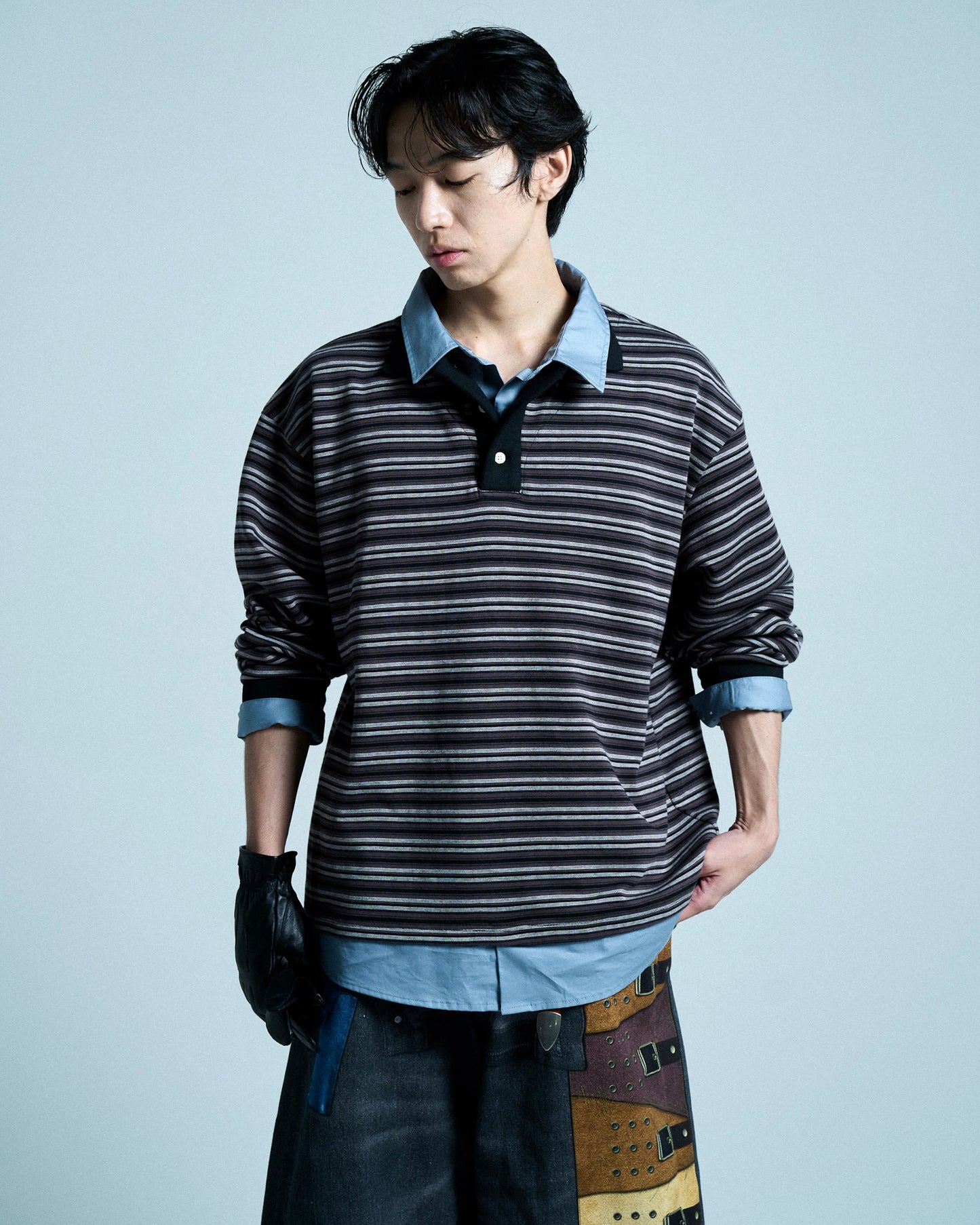 DOUBLE COLLAR LAYERED BORDER POLO L/S SHIRTS