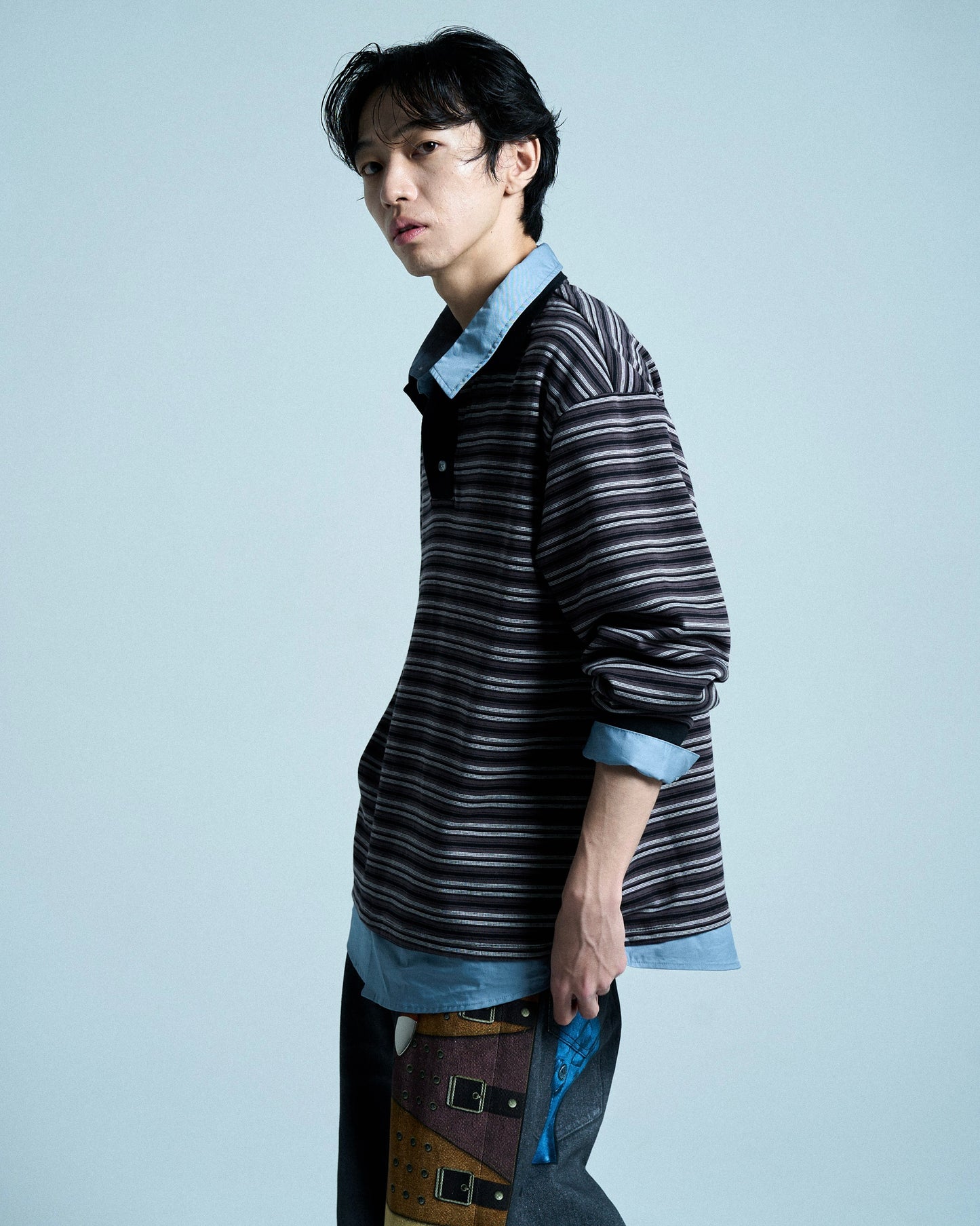 DOUBLE COLLAR LAYERED BORDER POLO L/S SHIRTS