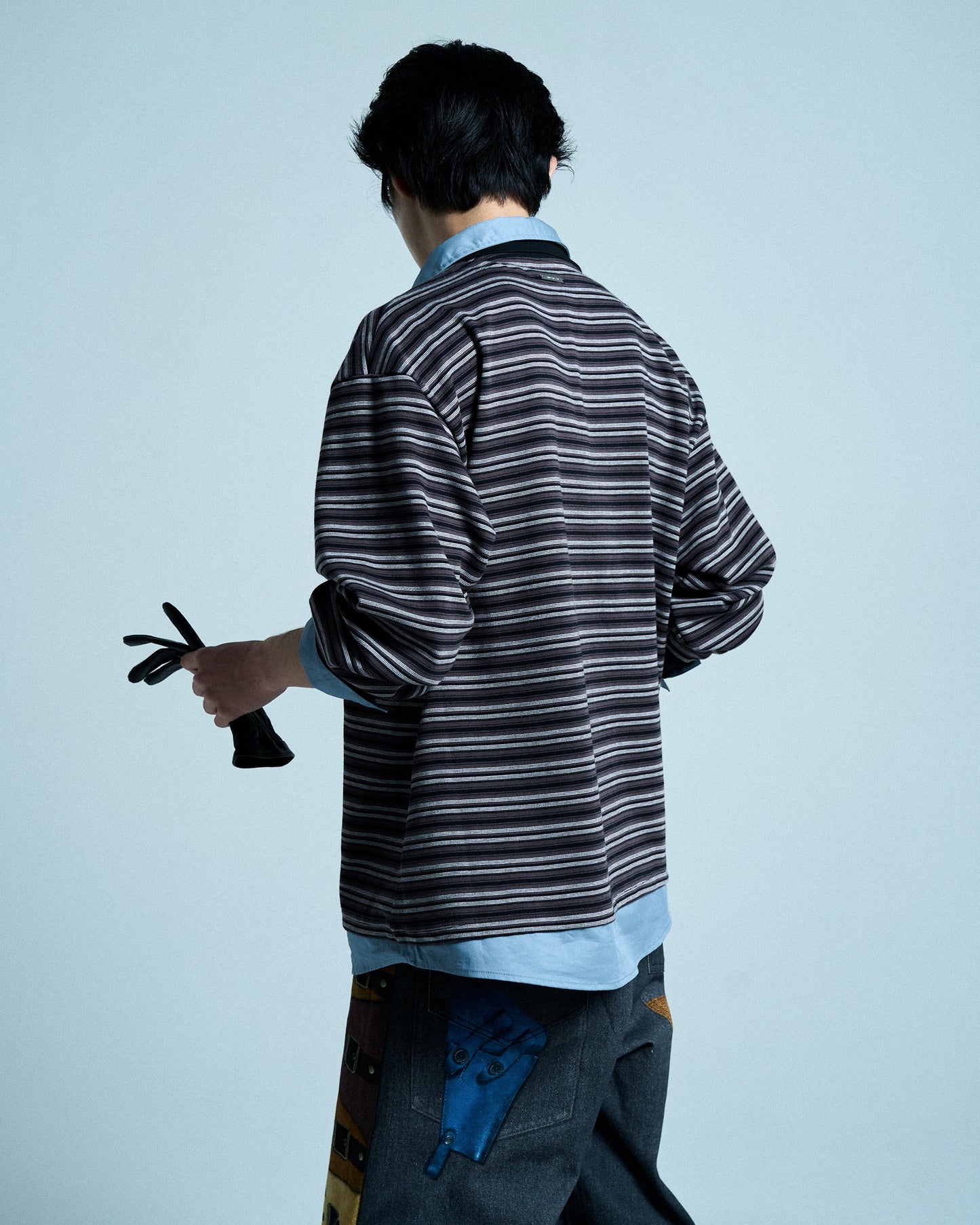 DOUBLE COLLAR LAYERED BORDER POLO L/S SHIRTS